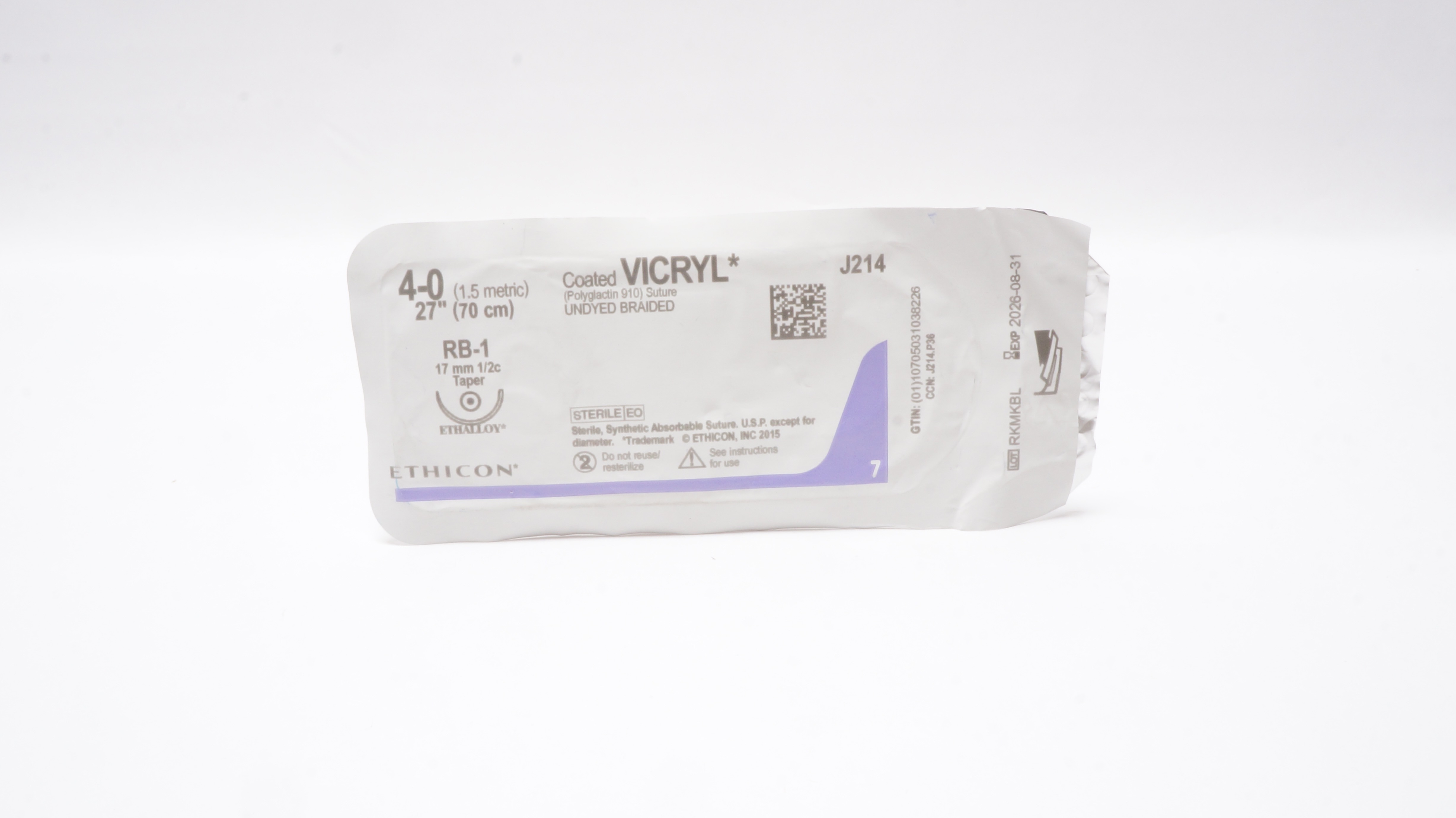 Ethicon J214 4-0 Coated Vicryl Stre Undyed Braided RB-1 17mm 1/2c Taper, 27inch
