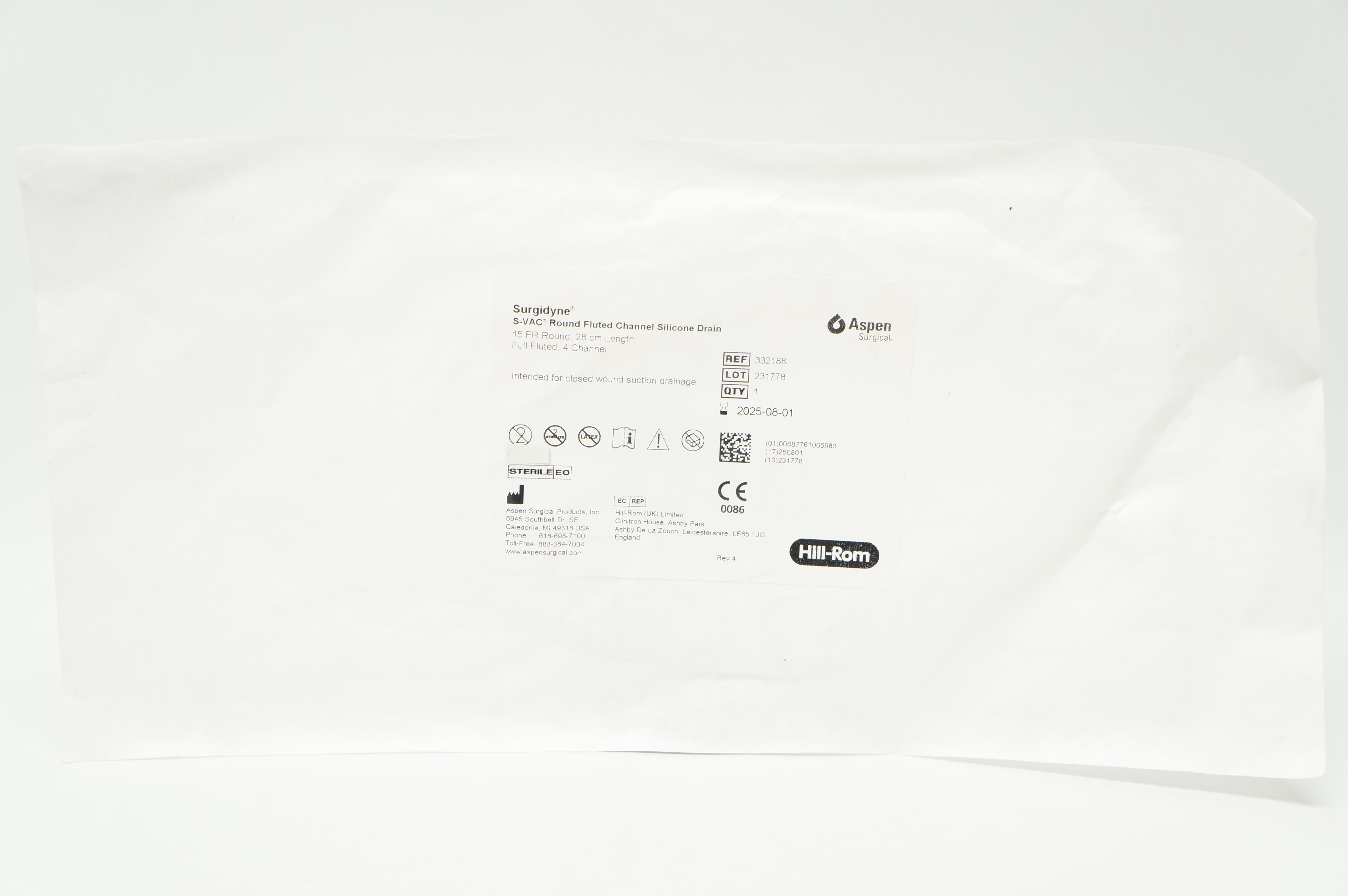 Aspen Surgical 332188 Surgidyne S-Vac Round Fluted Channel Silicone Drain