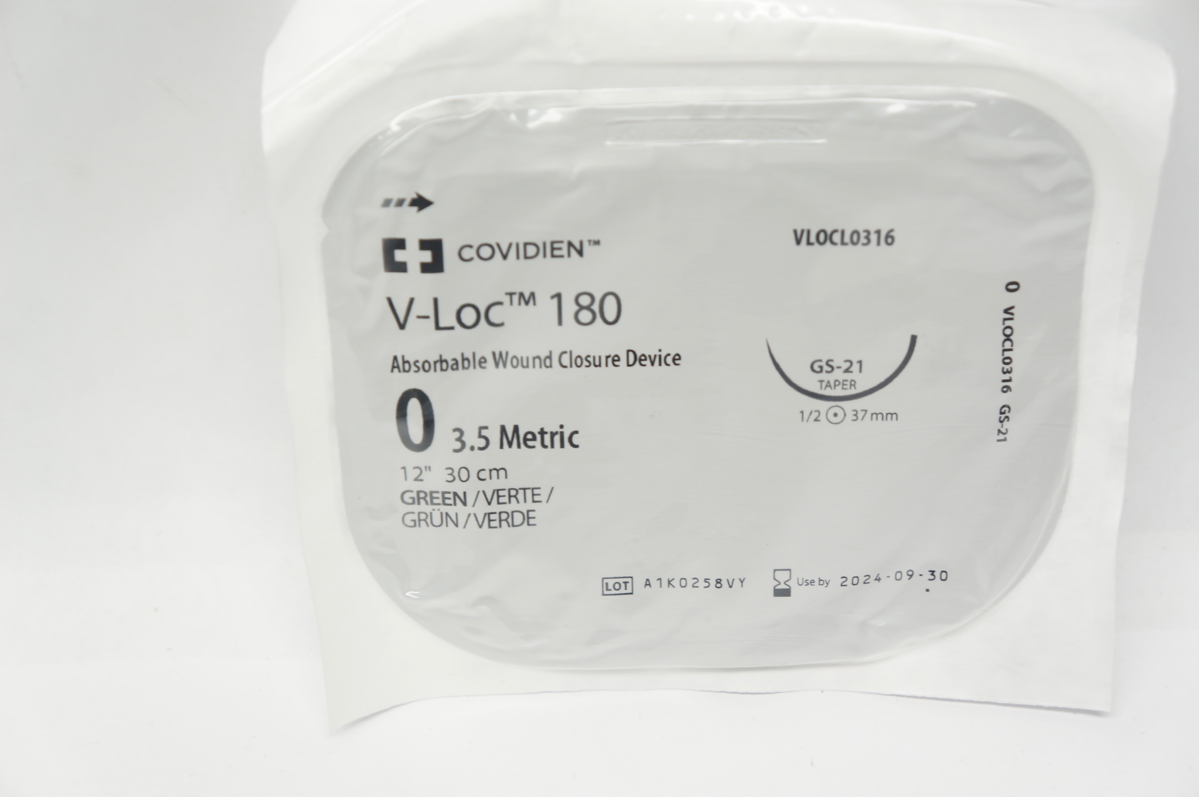 Covidien VLOCL0316 0 V-Loc 180 Wound Closure Device, GS-21 Taper 1/2 37mm 12inch