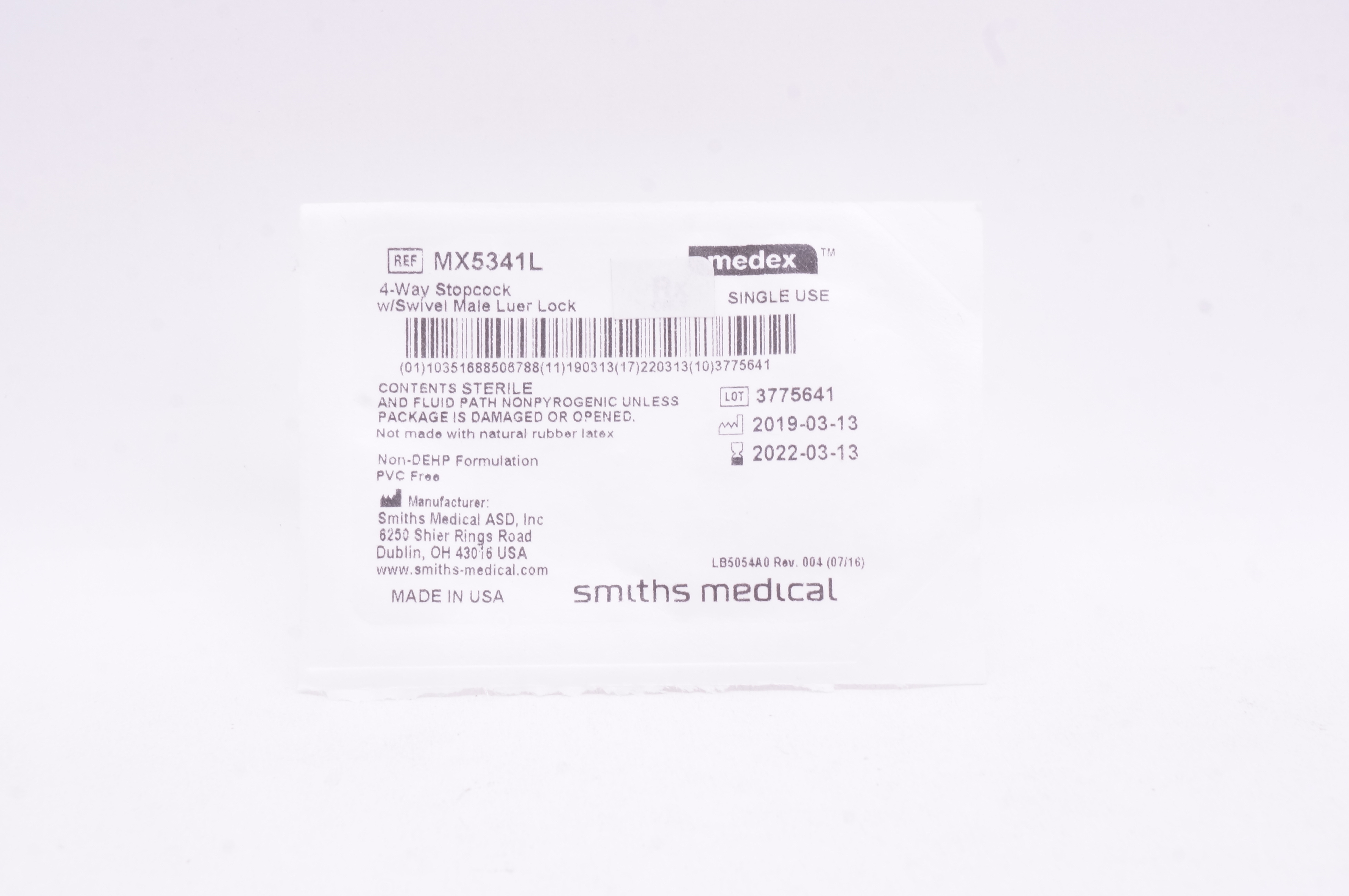 Smiths Medical MX5341L 4-Way Stopcock w/Swivel Male Luer Lock