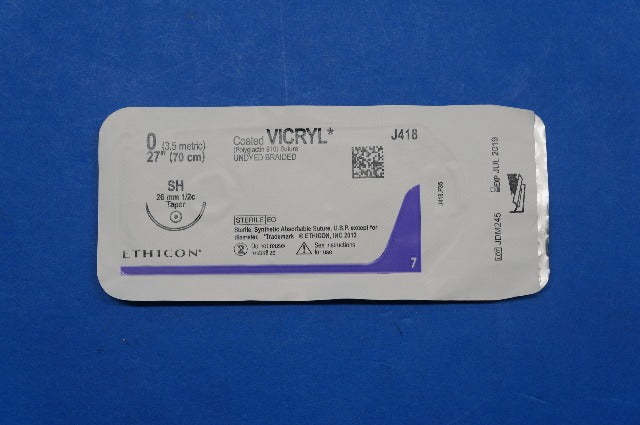 Ethicon J418 0 VICRYL, SH 26mm 1/2c Taper, Undyed Braided, 27inch