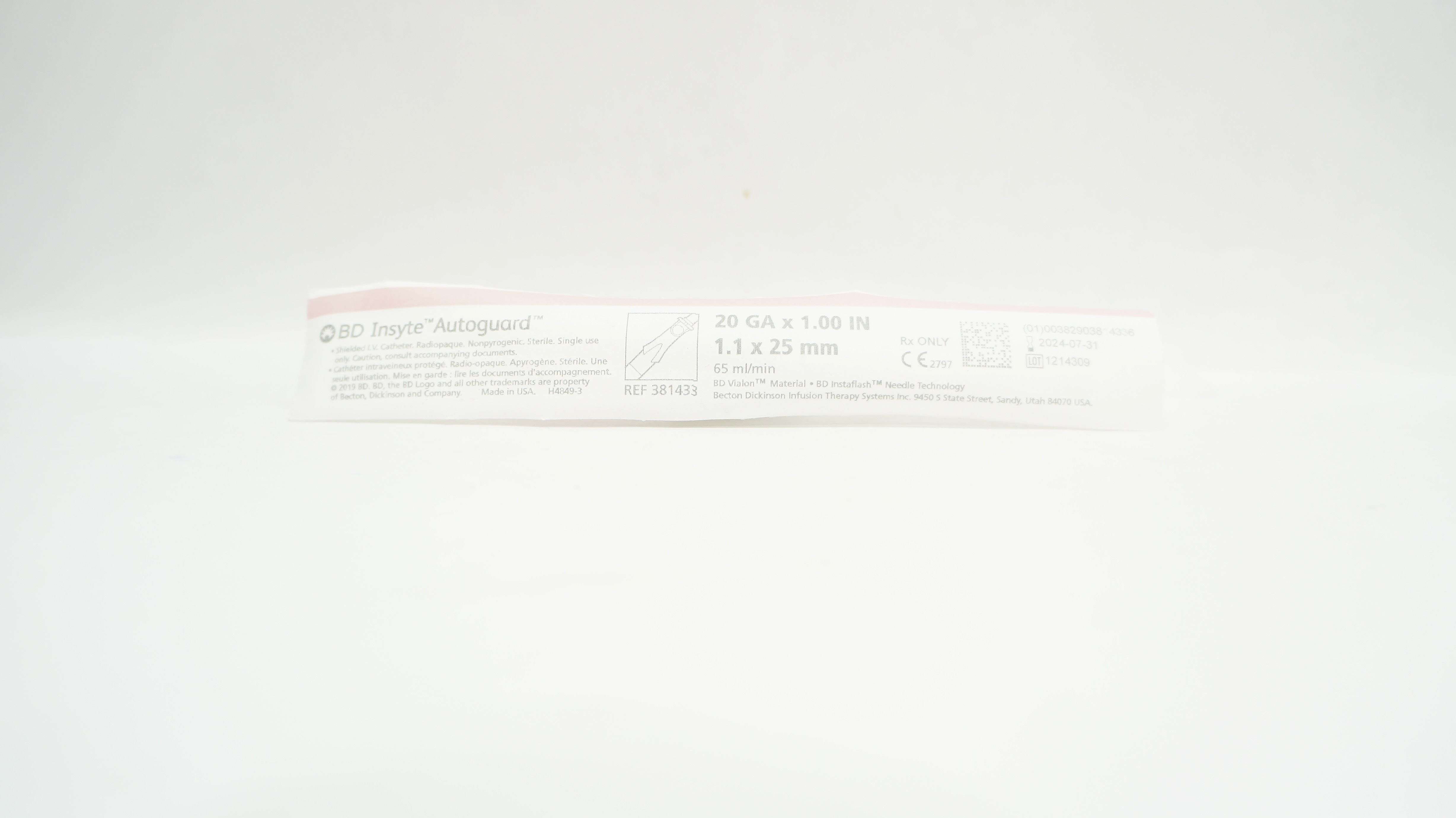 BD 381433 Insyte Autoguard Shielded IV Cath. 20Ga x 1inch, 65ml/min