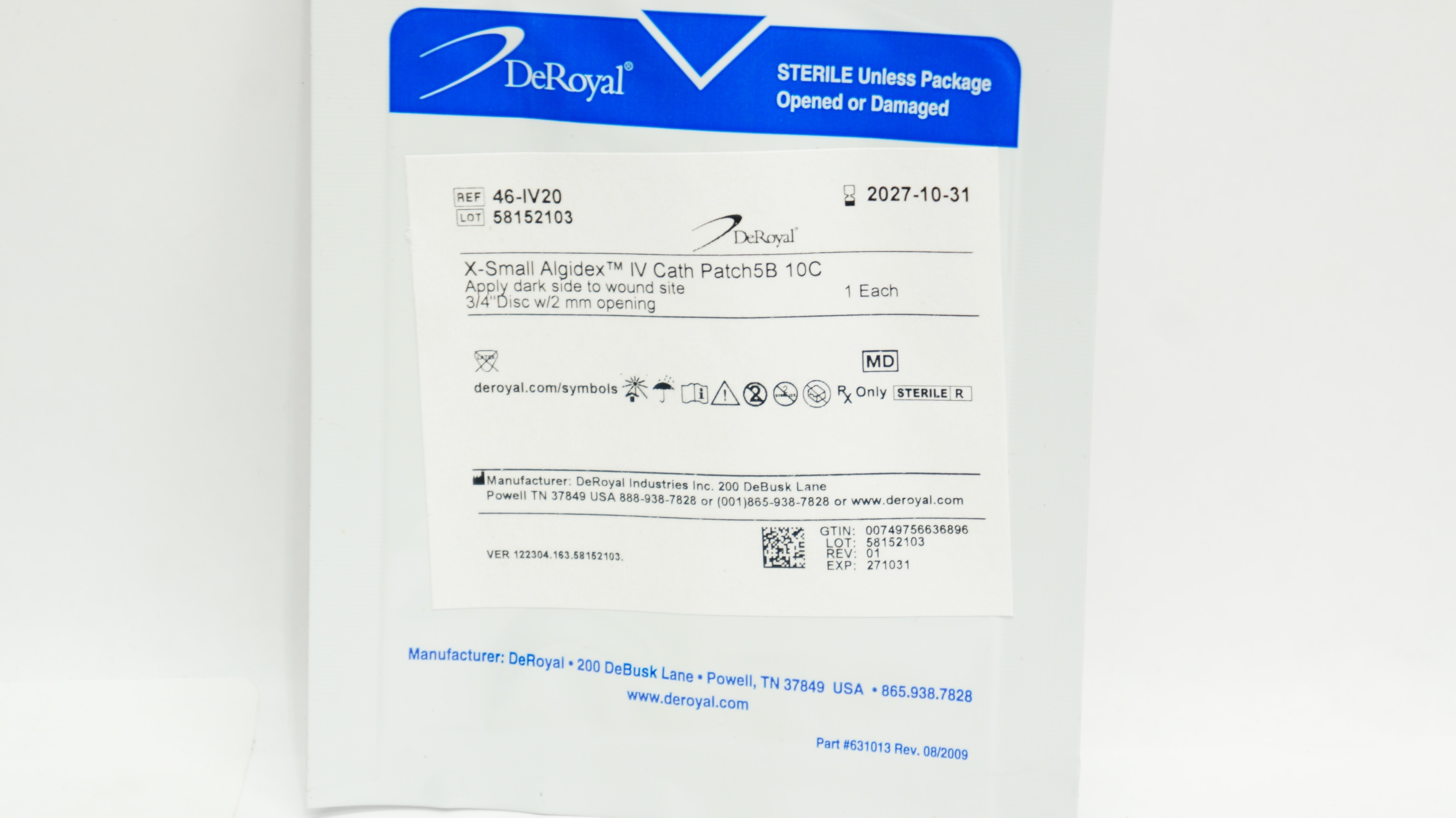 DeRoyal 46-IV20 X-Small Algidex IV Cath Patch 3/4inch Disc w/2mm Opening