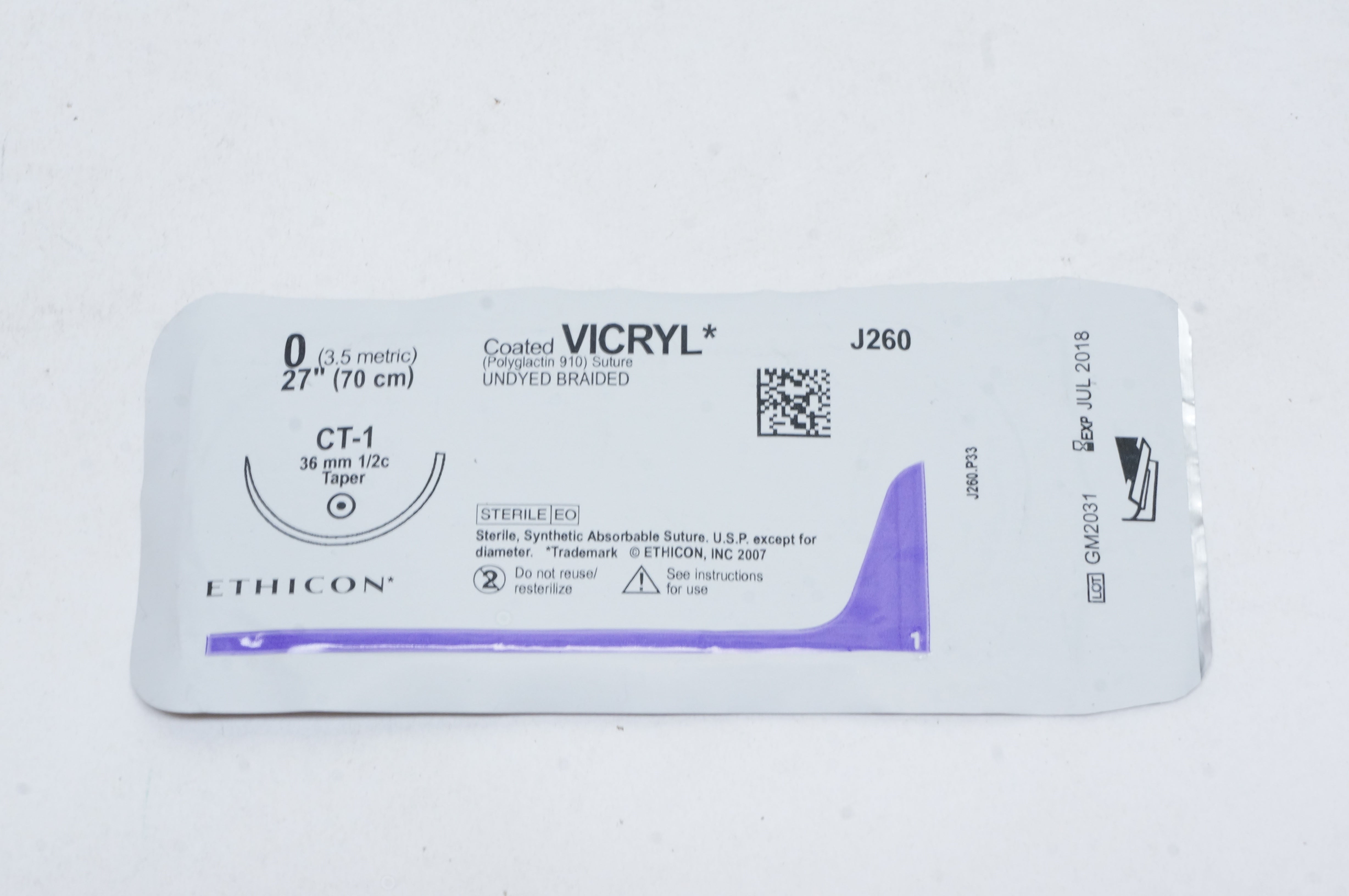 Ethicon J260 0 VICRYL, CT-1, 36mm 1/2c Taper, 27inch (x)