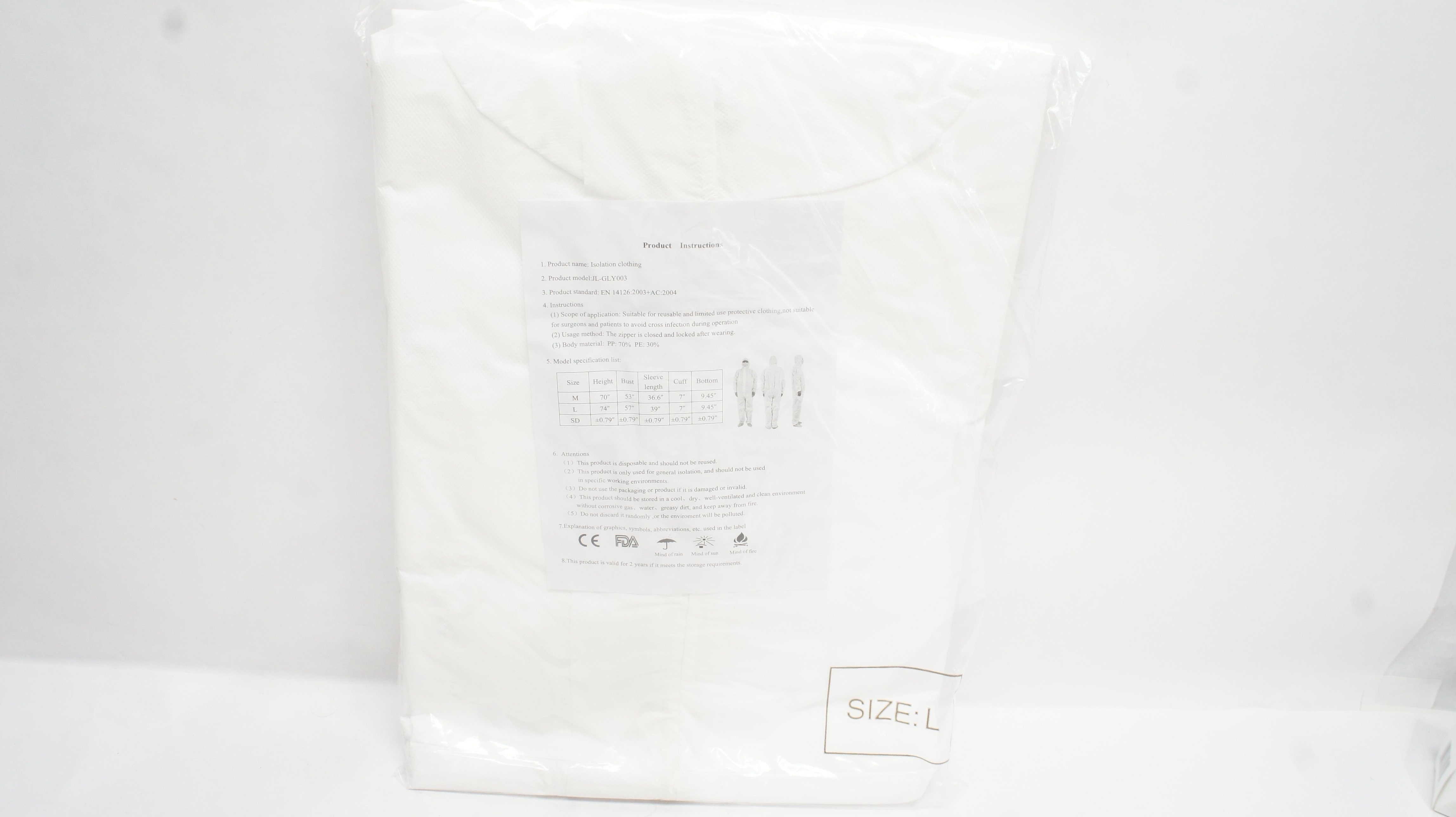 JL-GLY003 Isolation Clothing, Size L, 74In x 57In x 39In x 7In x 9.45In