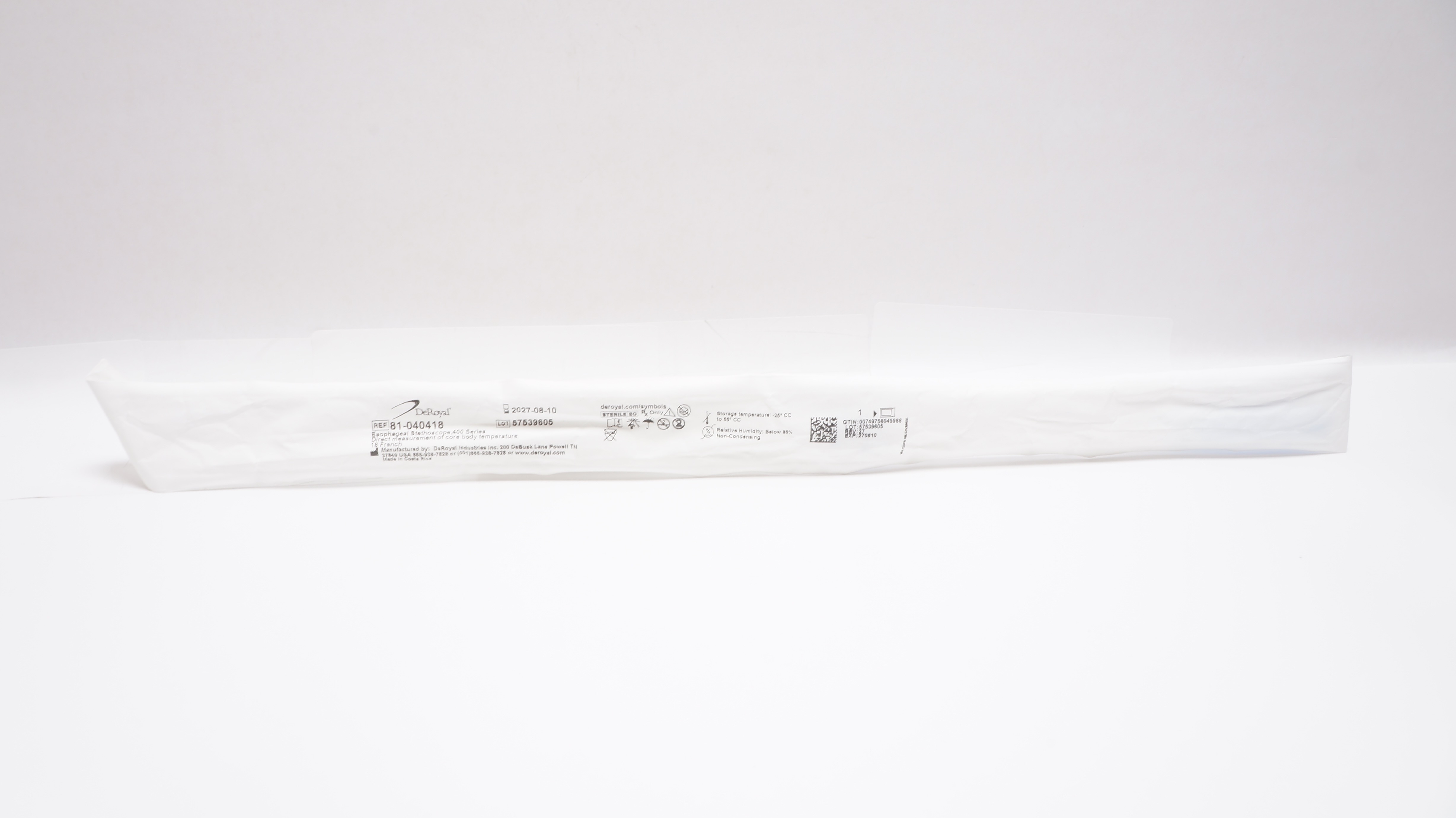 DeRoyal 81-040418 Esophageal Stethoscope w/Temperature Sensor 18Fr., 400 Series