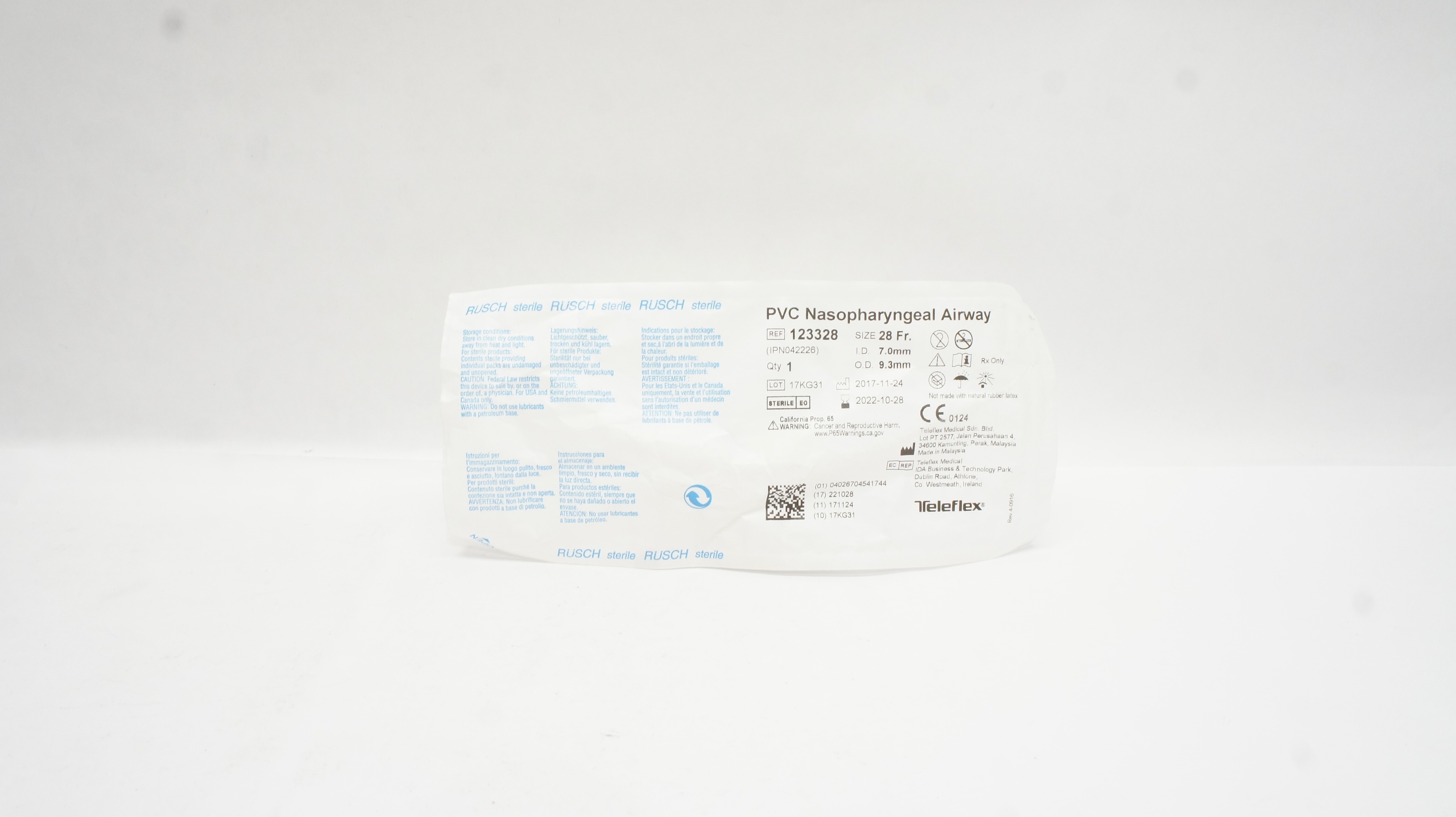 Teleflex 123328 Rusch PVC Nasopharyngeal Airway 28Fr. x ID 7.0mm x OD 9.3mm (x)