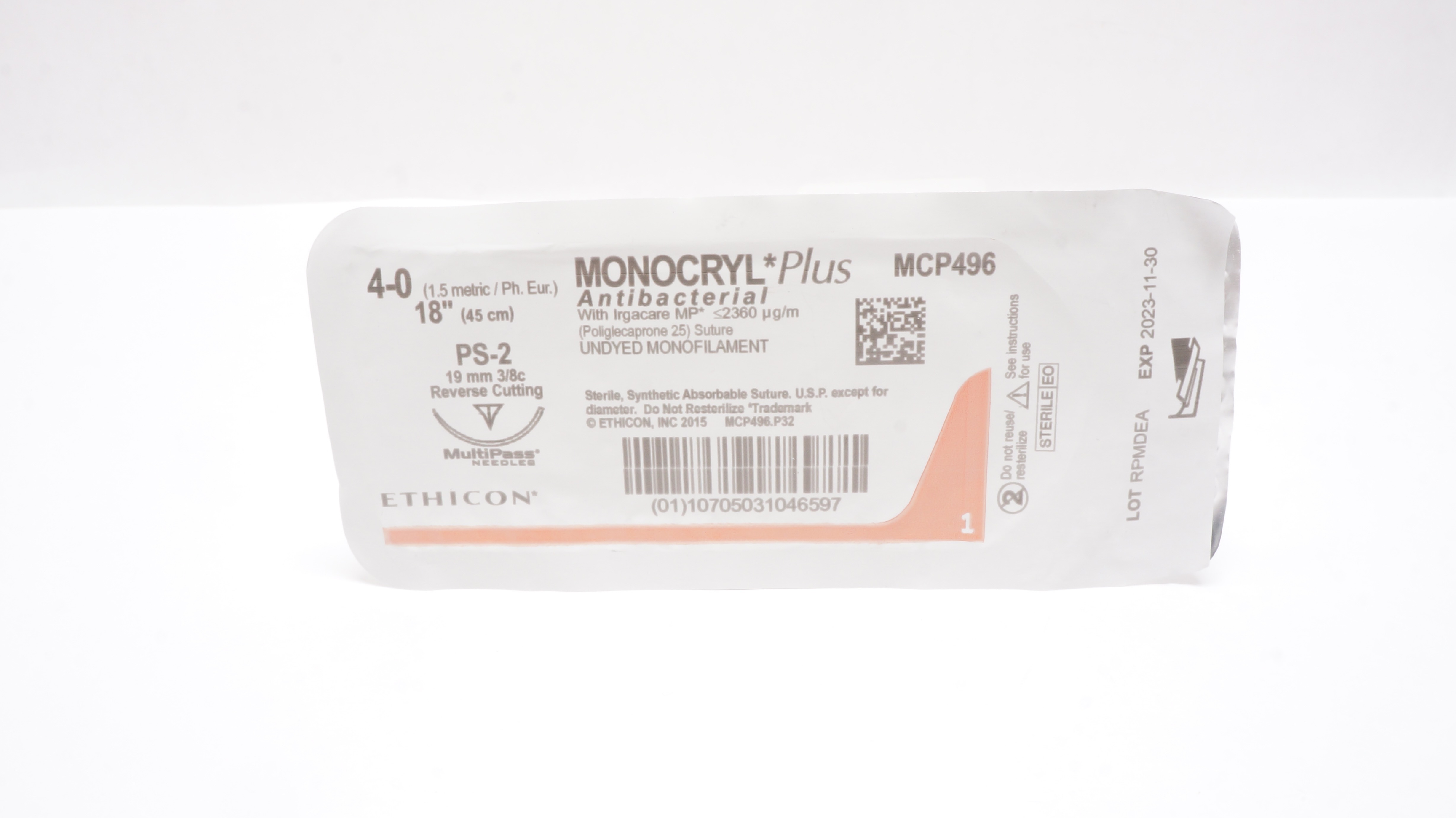 Ethicon MCP496 4-0 MONOCRYL Plus Stre PS-2 19mm 3/8c Reverse Cutting, 18inch