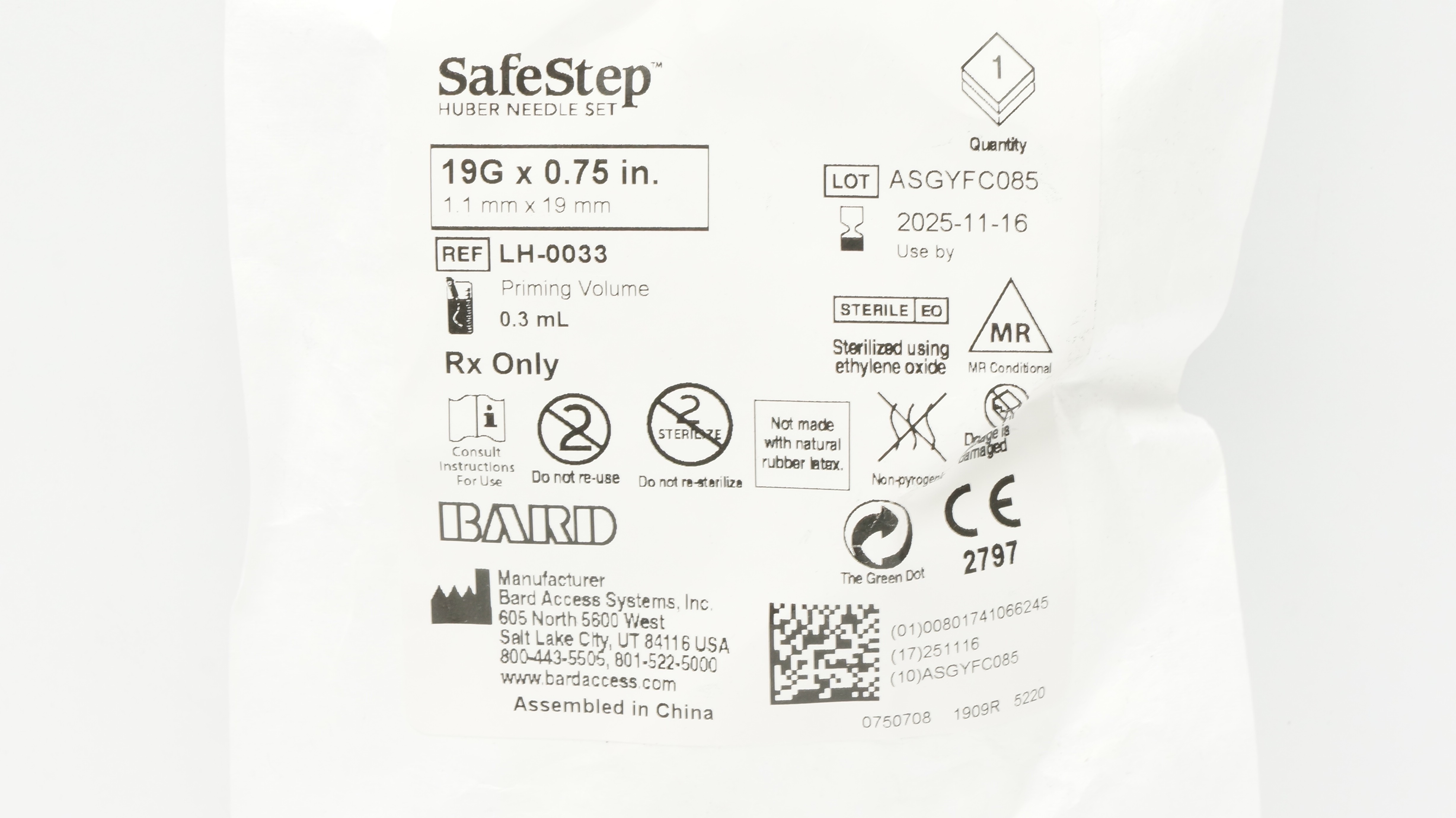 Bard LH-0033 SafeStep Huber Ndle Set 19G x 0.75inch Priming Volume 0.3mL