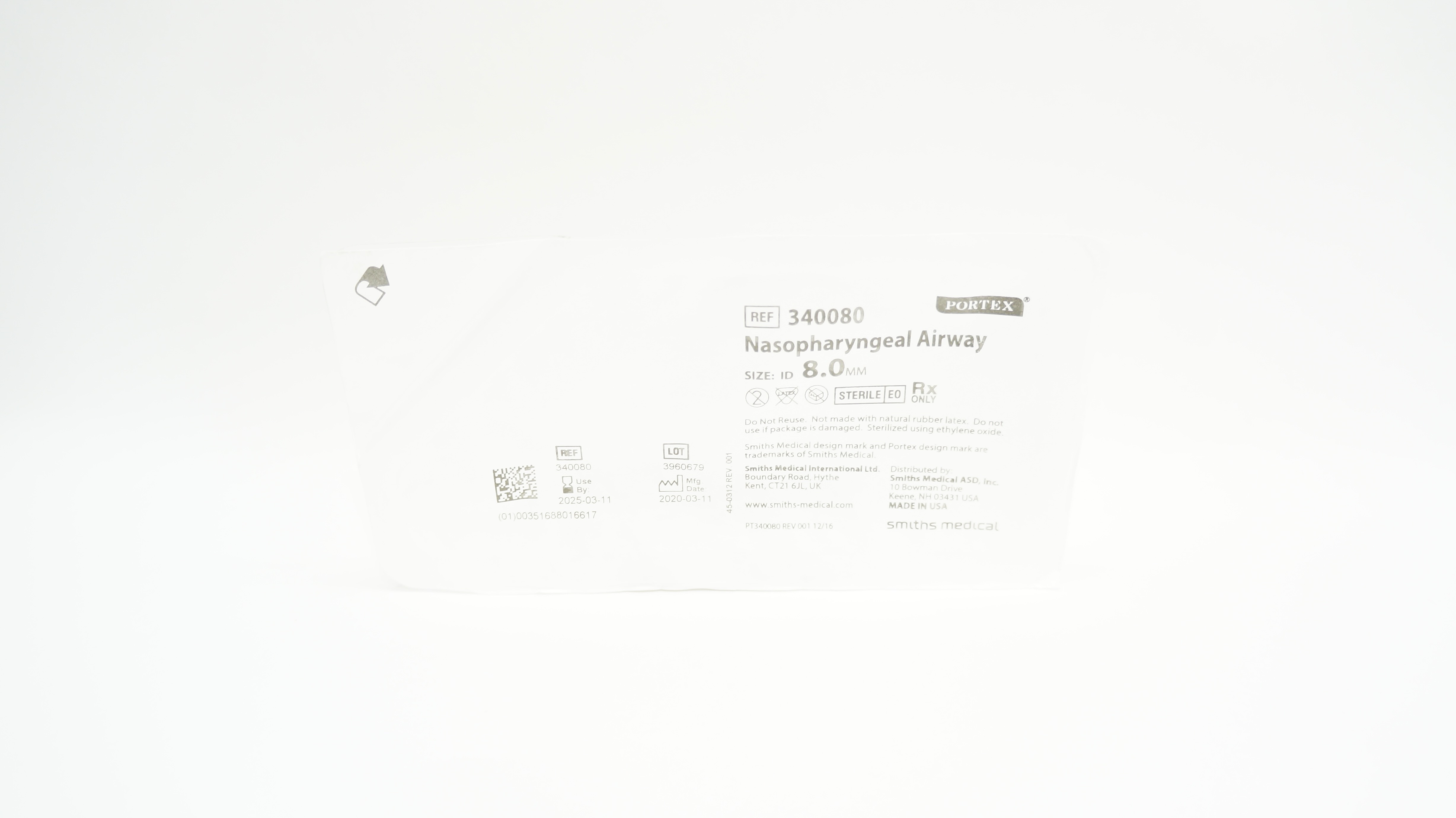 Smiths Medical 340080 Portex Nasopharyngeal Airway ID 8.0mm