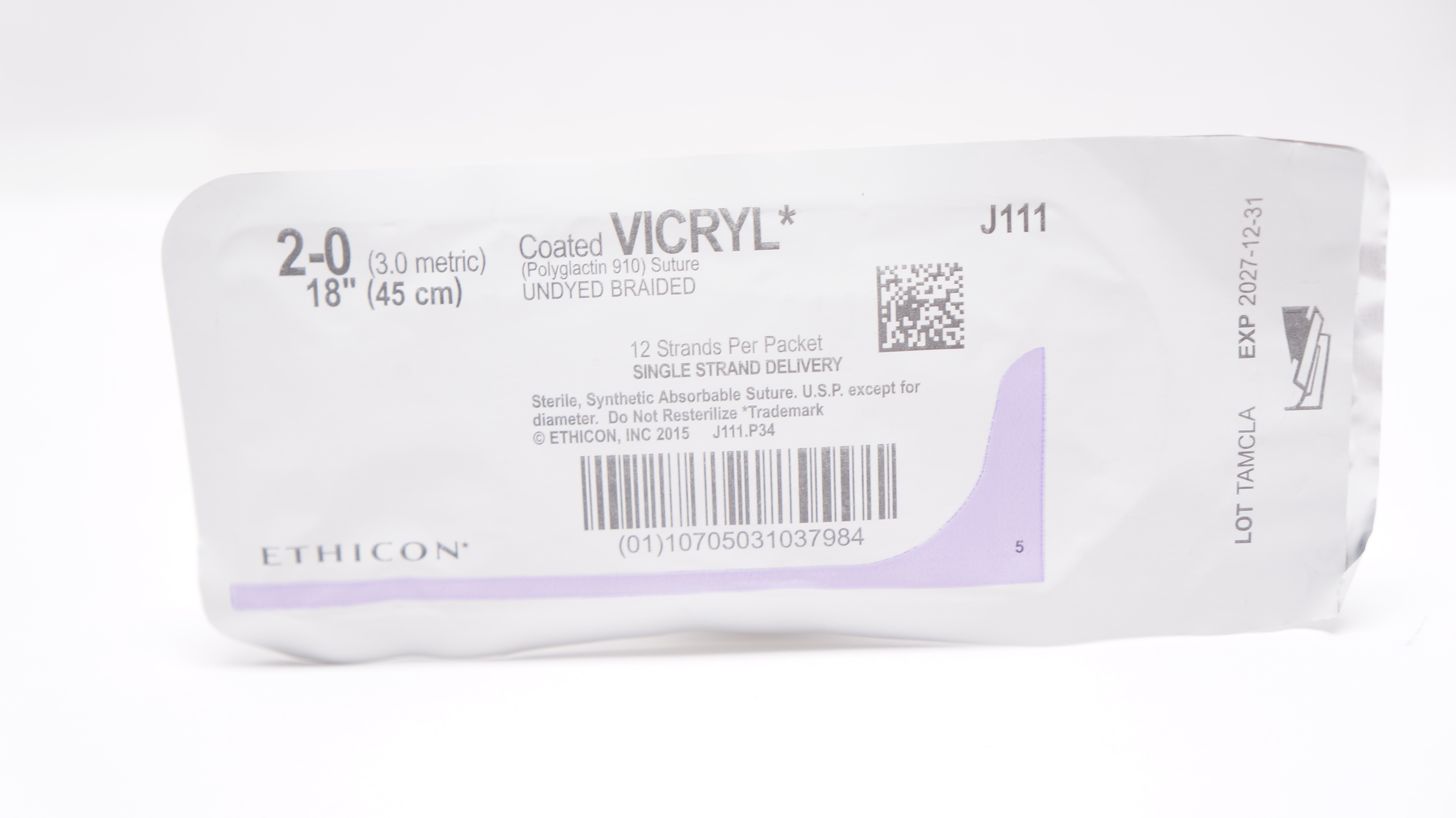 Ethicon J111 2-0 Coated VICRYL (Polyglactin 910) Stre Undyed Braided, 18inch