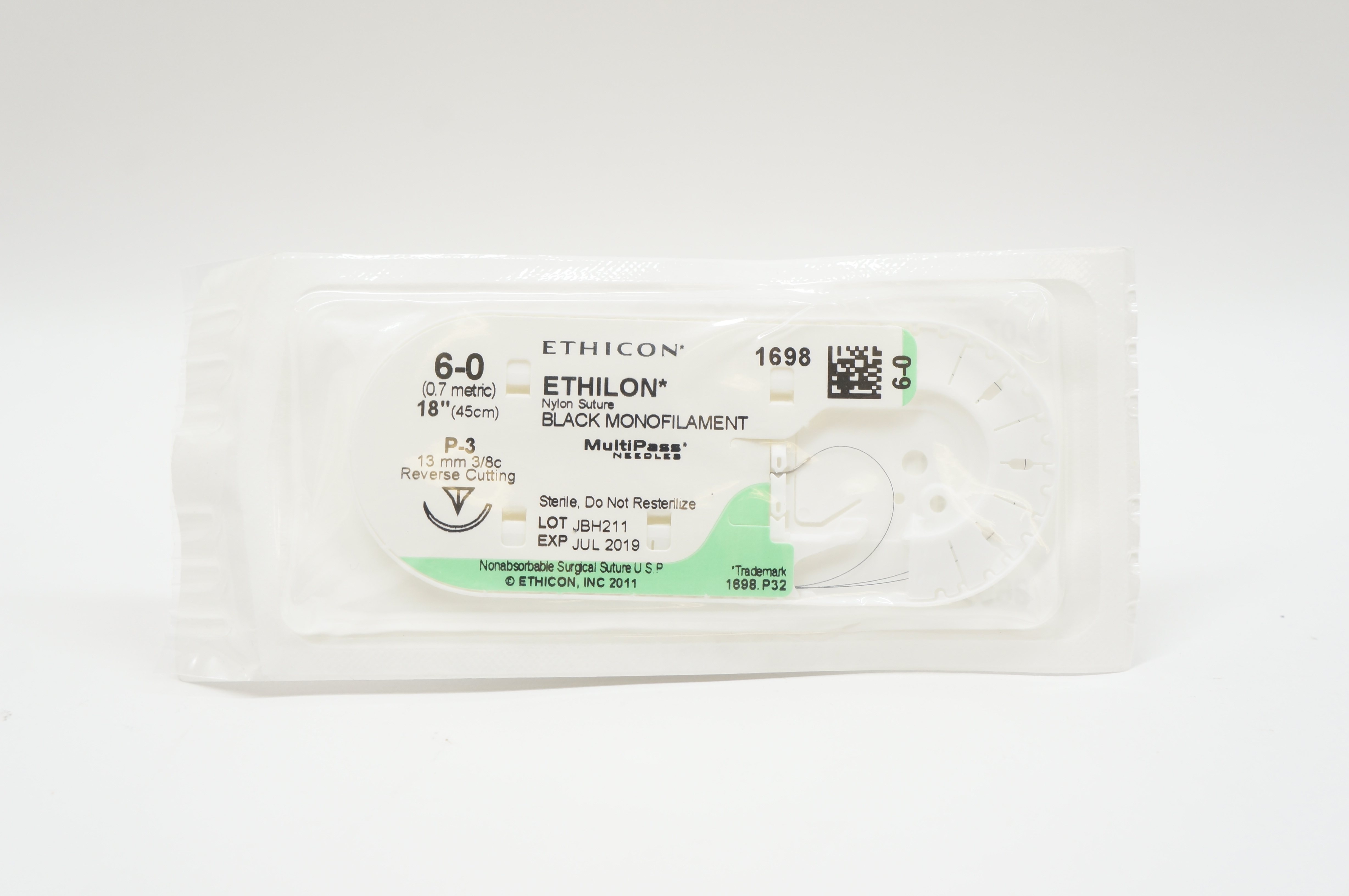 Ethicon 1698 6-0 ETHILON, P-3, 13mm 3/8c Reverse Cutting, 18inch (x)