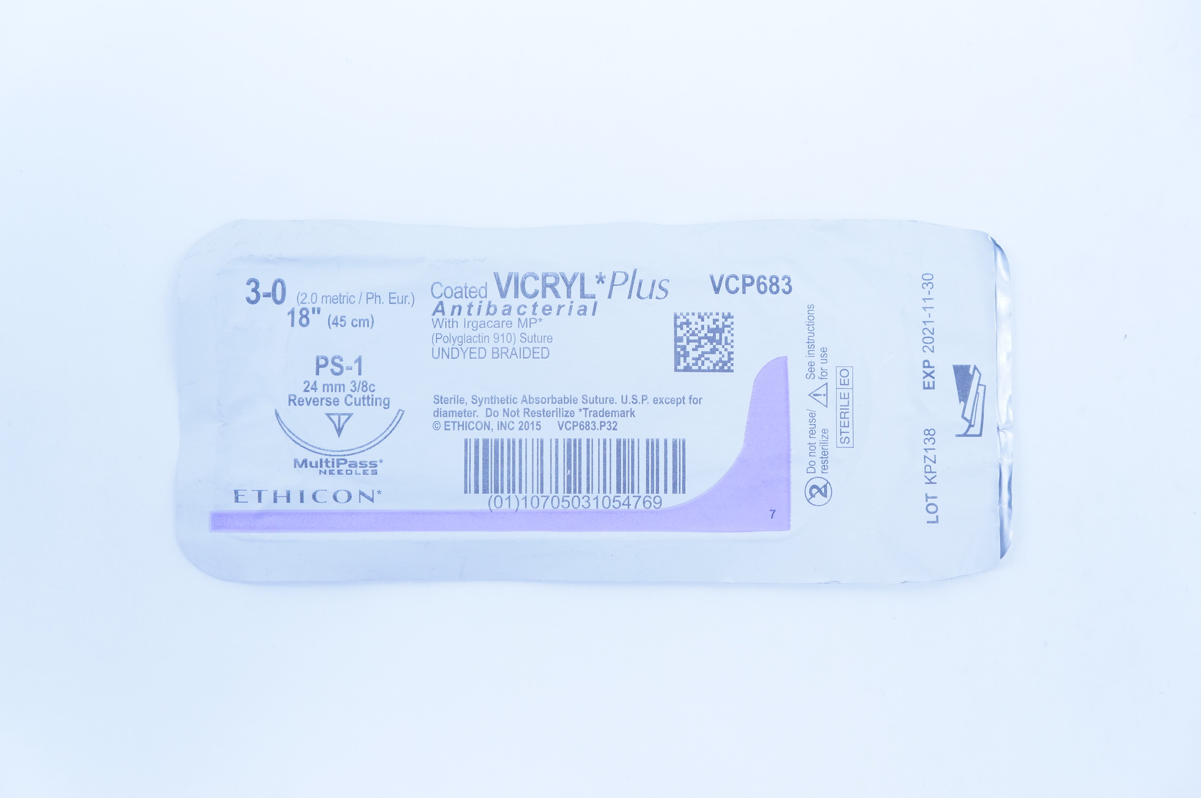 Ethicon VCP683 Vicryl Antibacterial Stre. Undyed Braided PS-1 18inch (x)