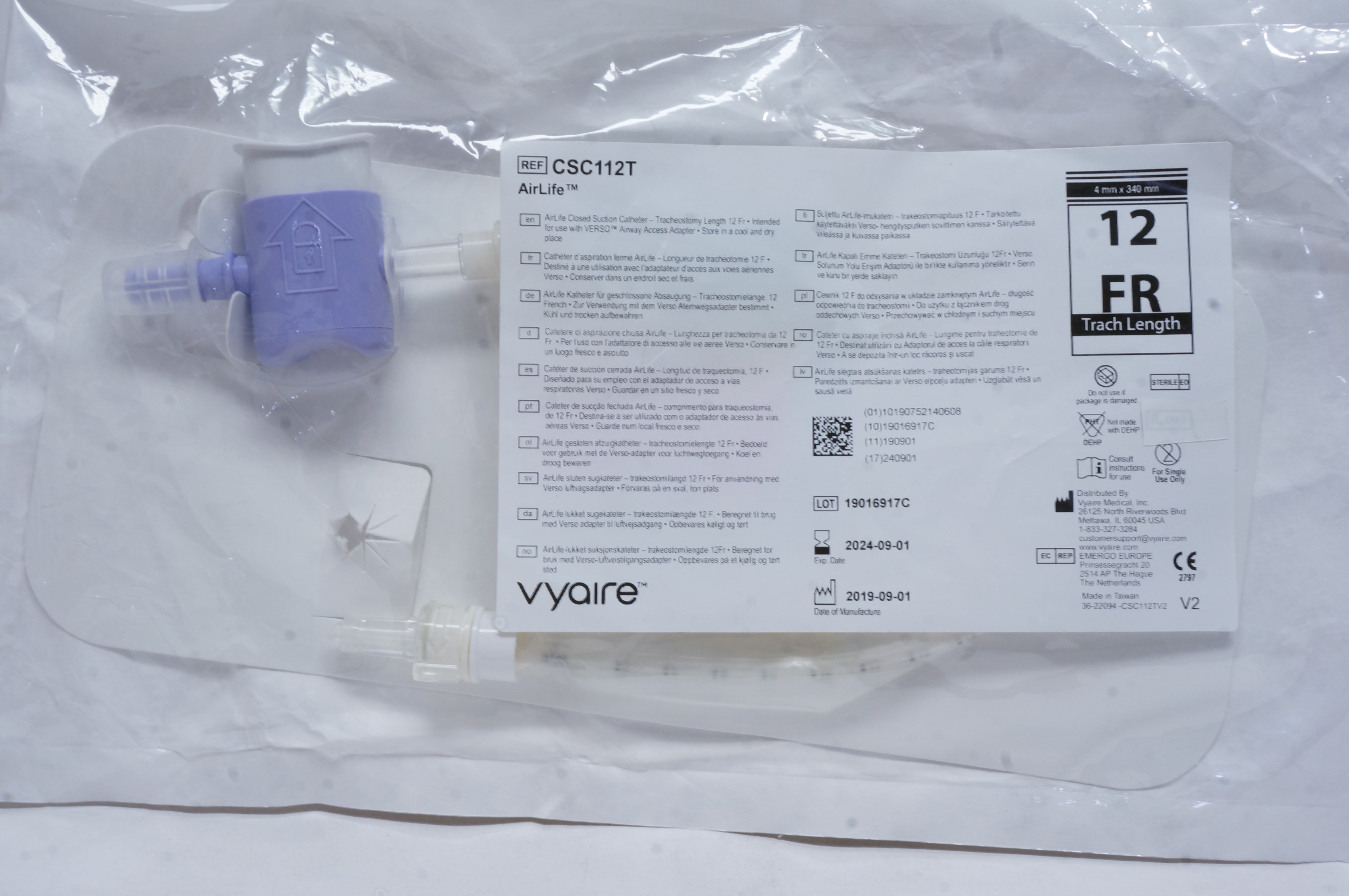 Vyaire CSC112T AirLife Closed Suction Cath. 12Fr., 4mm x 340mm