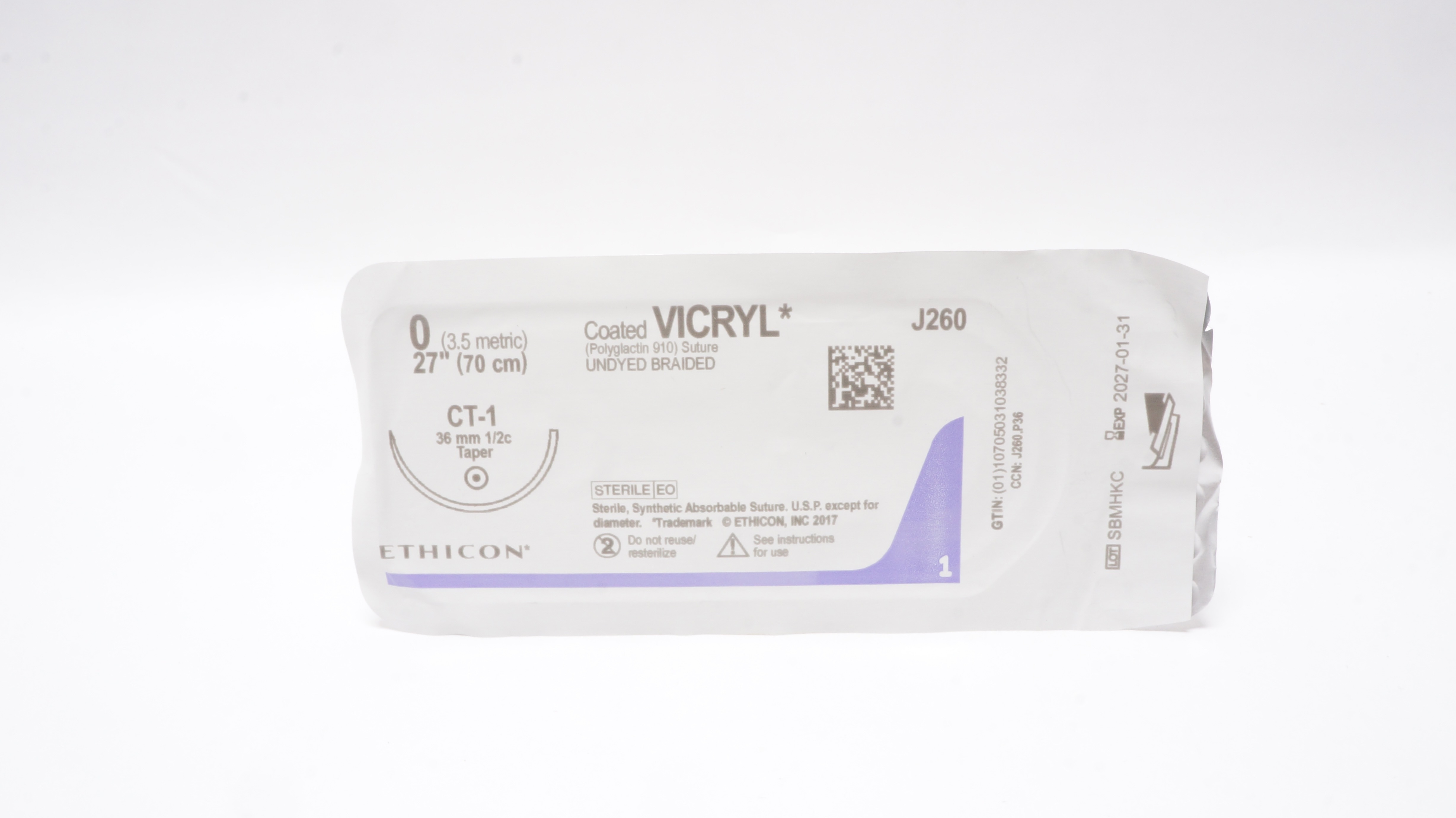 Ethicon J260 0 Coated VICRYL Undyed Braided Stre CT-1 36mm 1/2c Taper, 27inch