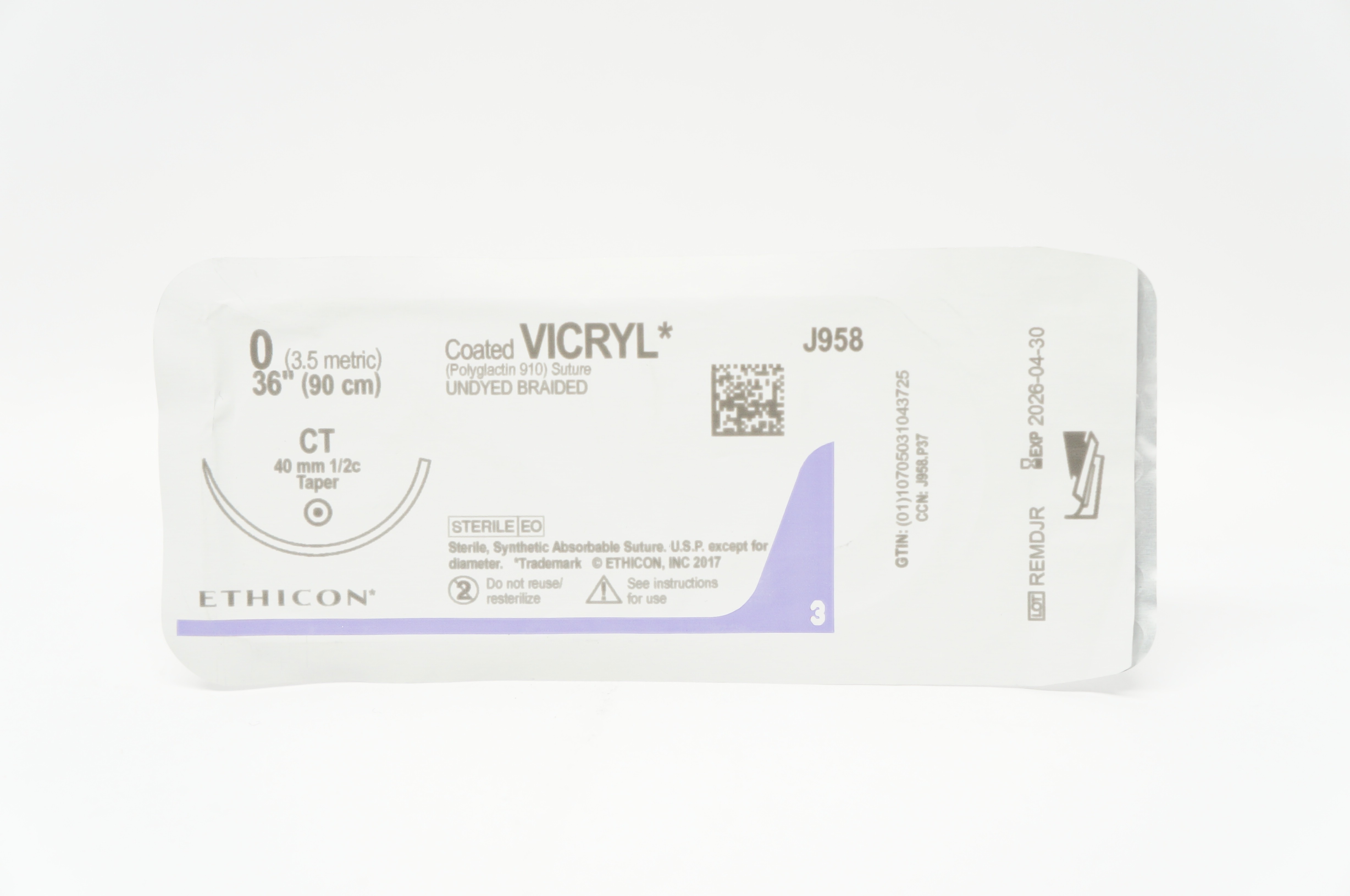 Ethicon J958 0 Coated VICRYL Polyglactin Stre CT 40mm 1/2c Taper, 36inch