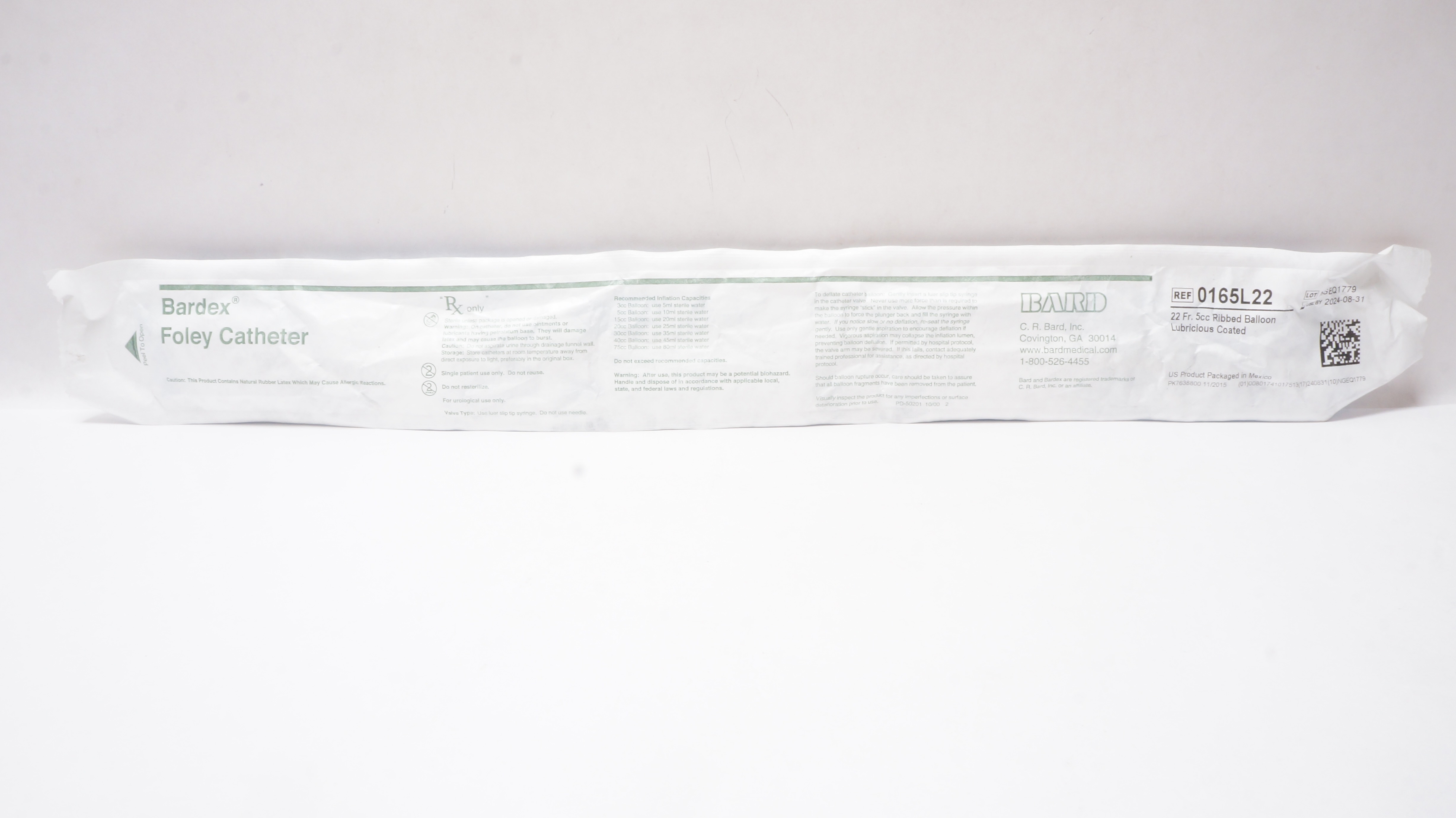 Bard 0165L22 Bardex Foley Cath. 22Fr x 5cc Ribbed Balloon