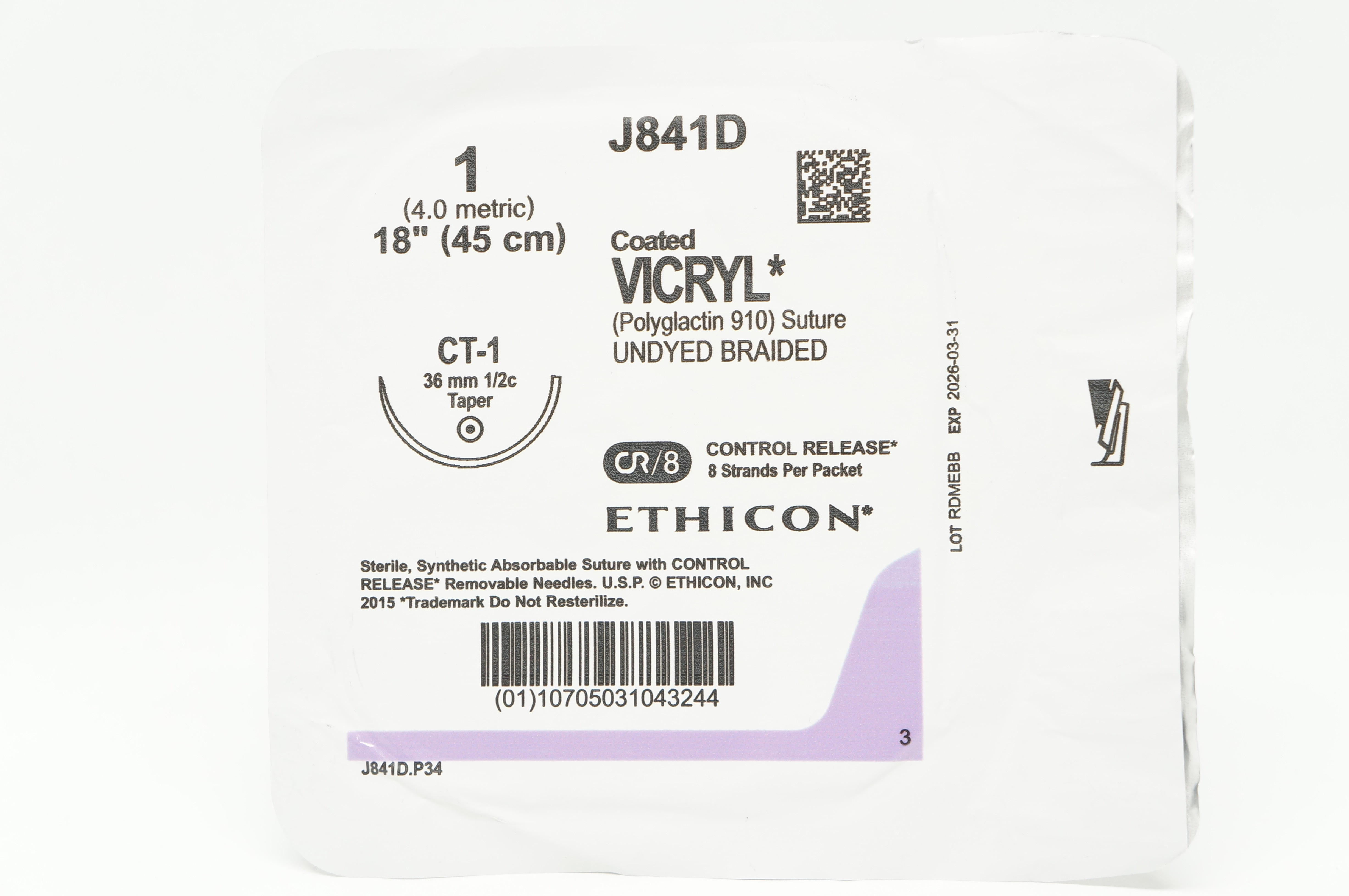 Ethicon J841D 1 Coated VICRYL Polyglactin Stre CT-1 36mm 1/2c Taper 18inch
