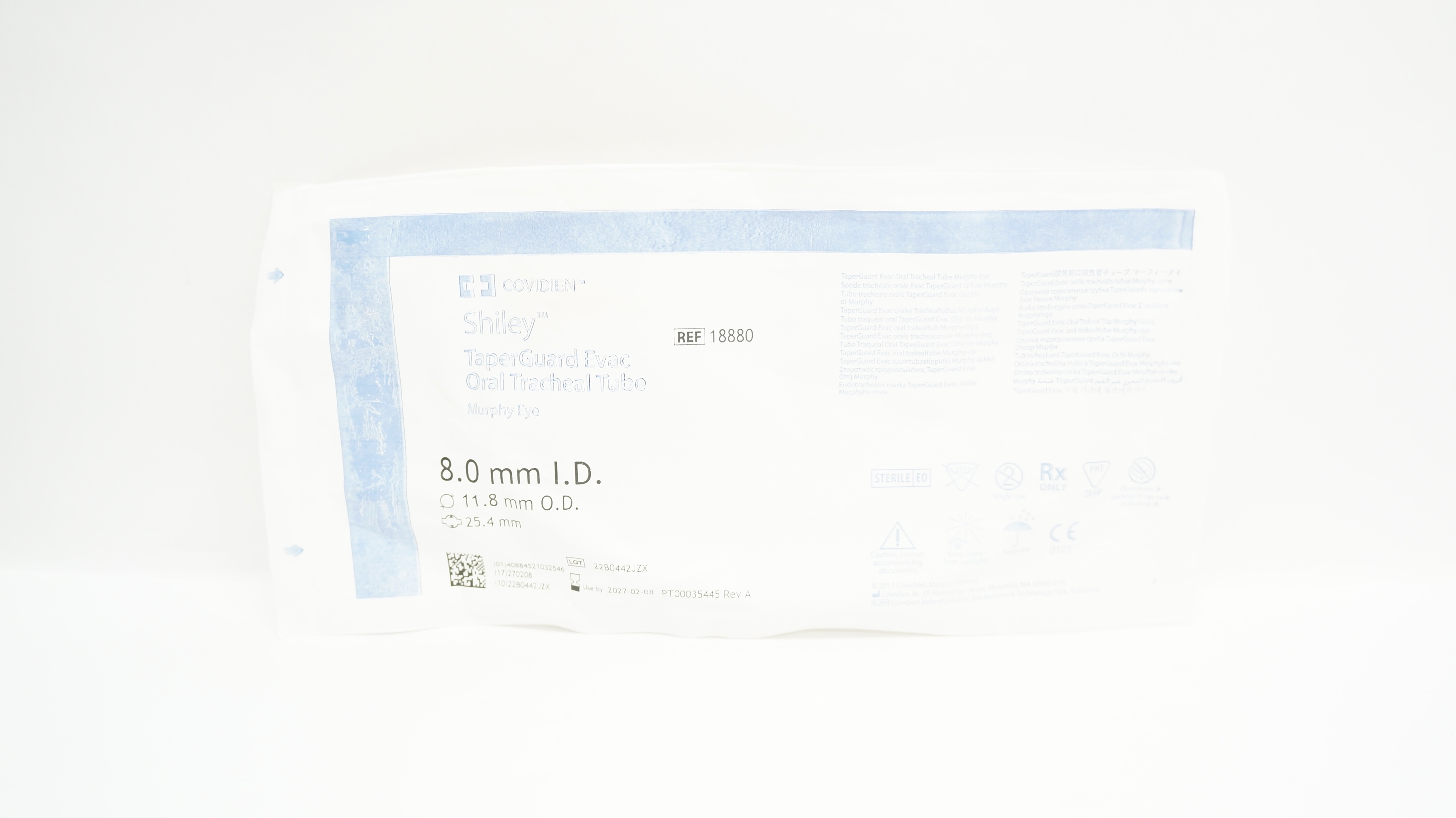 Covidien 18880 Shiley TaperGuard Evac Oral Tracheal Tube 8.0ID x 11.8mmOD x 25.4