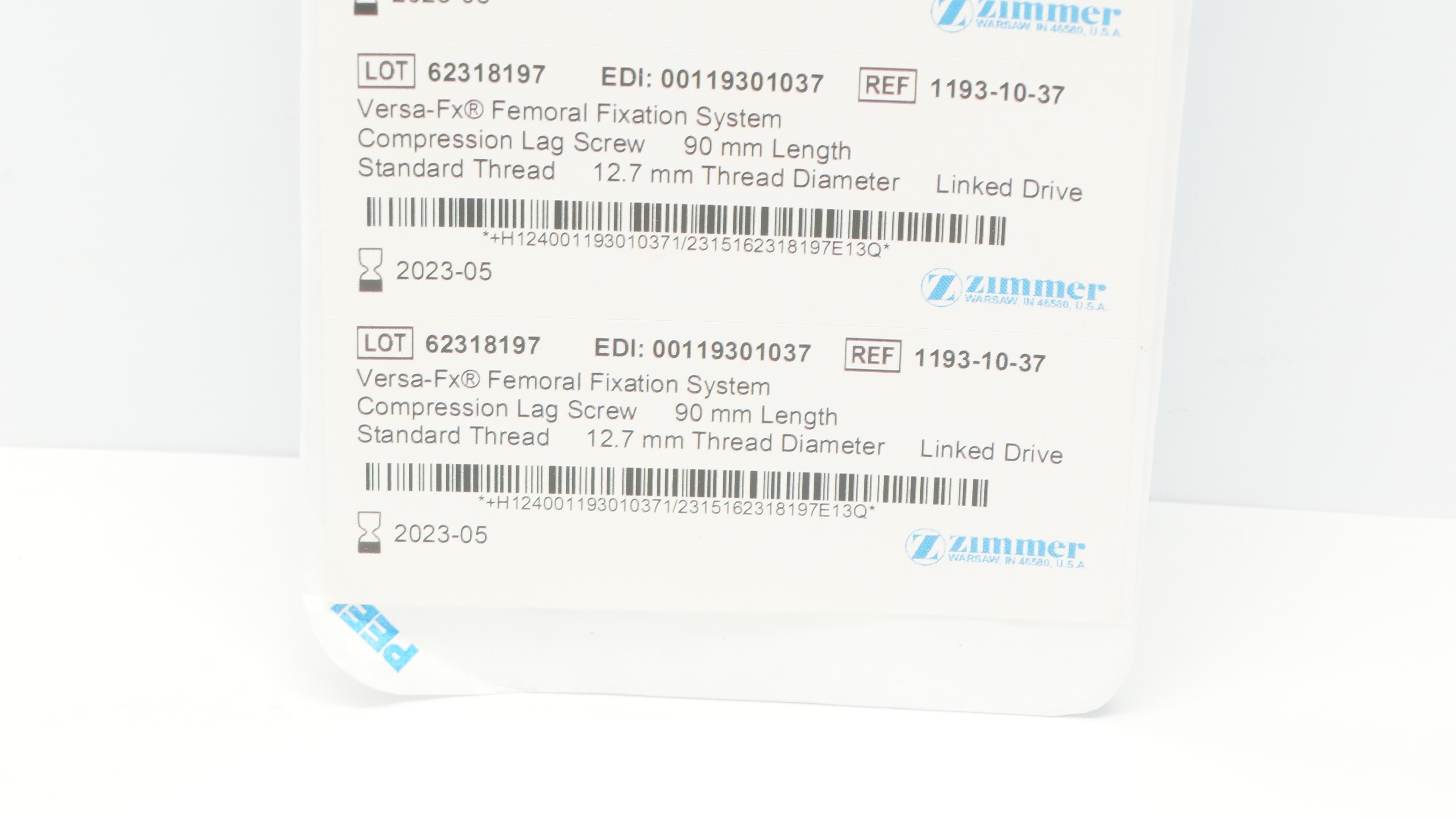 Zimmer 1193-10-37 Versa-Fx Femoral Fixation System Screw 90mm Thread 12.7mm (x)