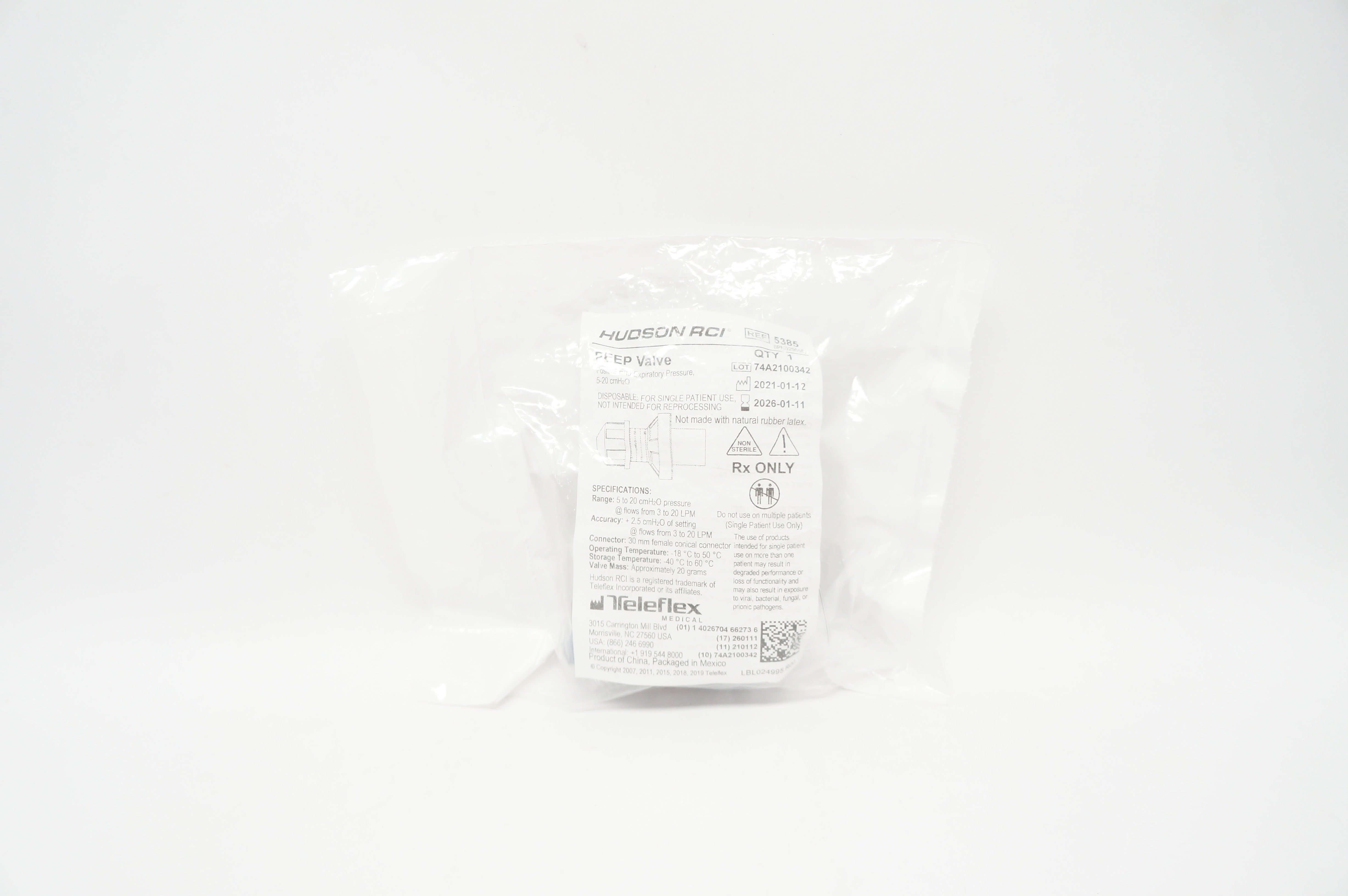 Teleflex 5385 Hudson RCI Peep Valve Positive End Expiratory Pressure 5-20cm H₂O