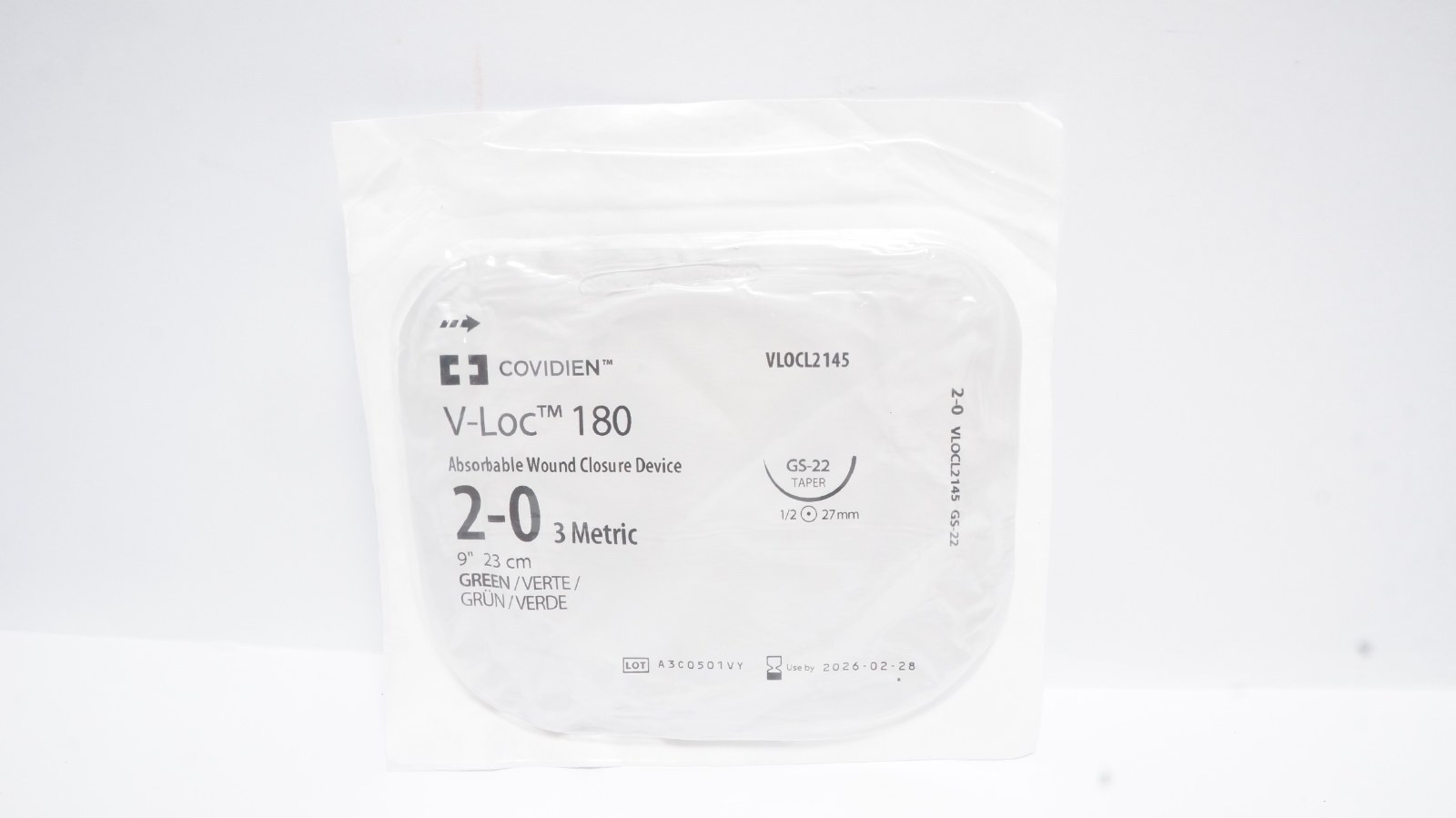 Covidien VLOCL2145 V-Loc 180 Absorbable Suture 2-0 9" Green