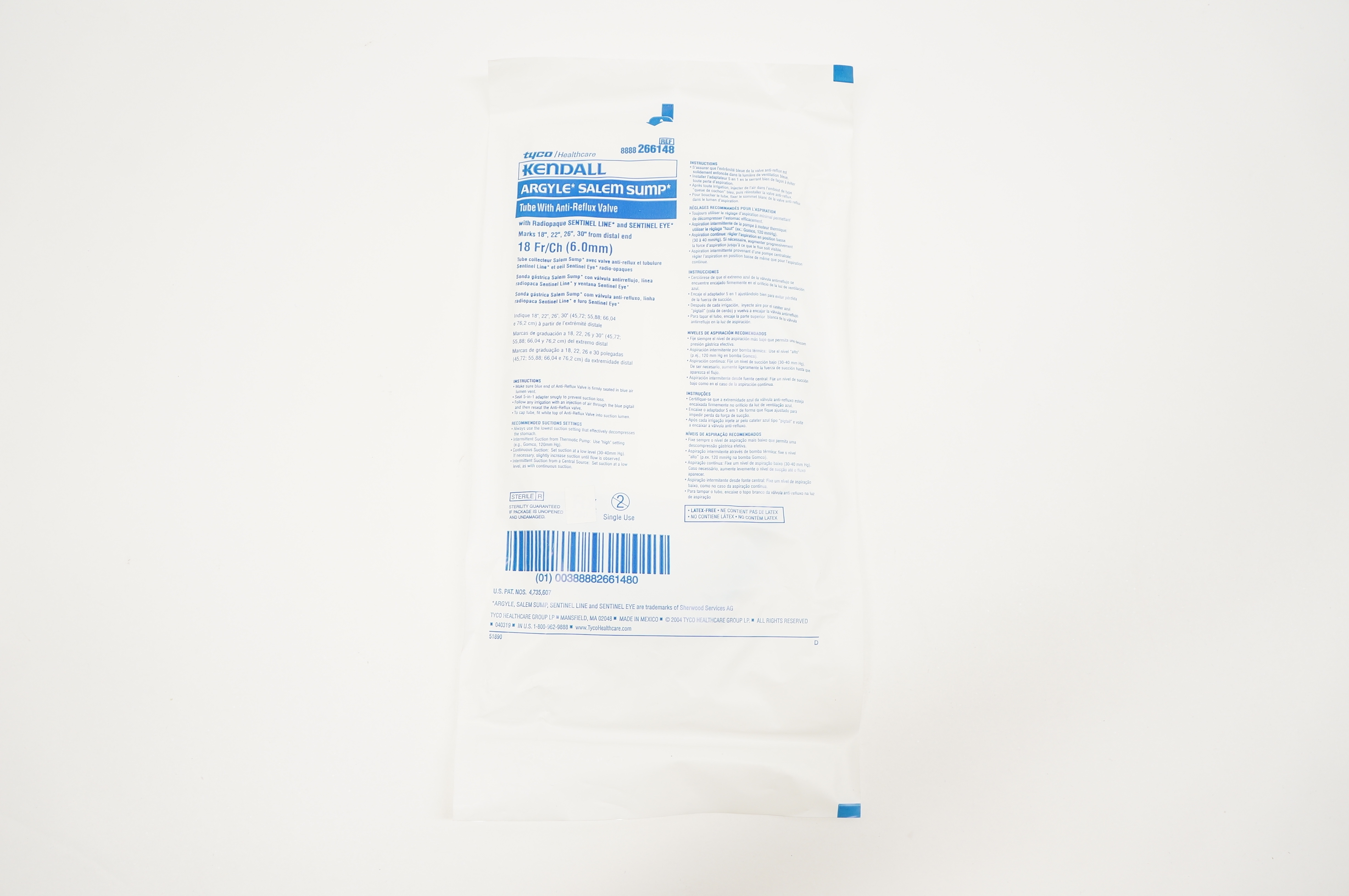 Tyco 266148 Kendall Argyle Salem Sump Tube With Anti-Reflux Valve 18Fr.