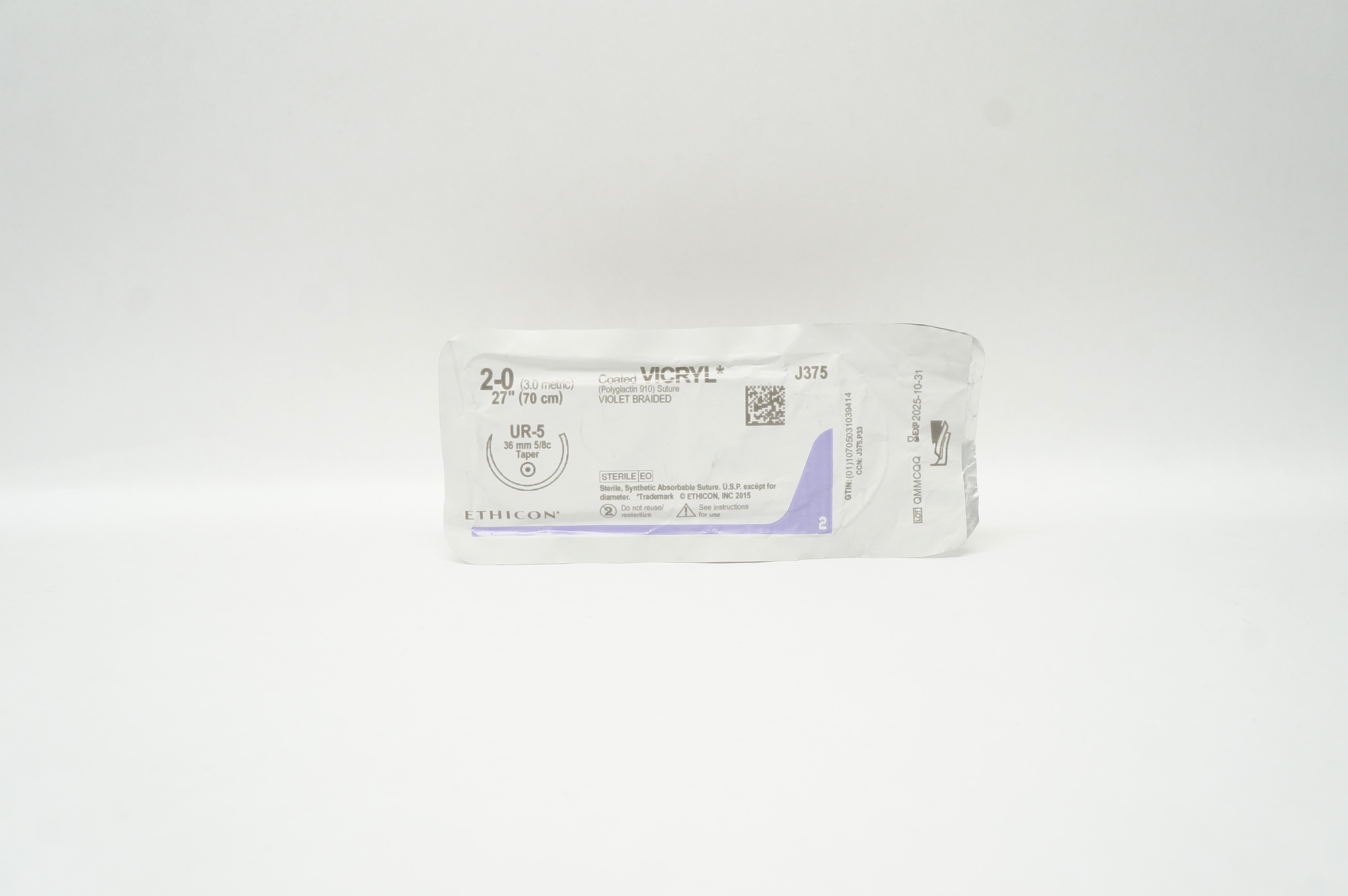 Ethicon J880 Coated Vicryl Undyed Braided, TP-1, 65mm 1/2c Taper, 54inch