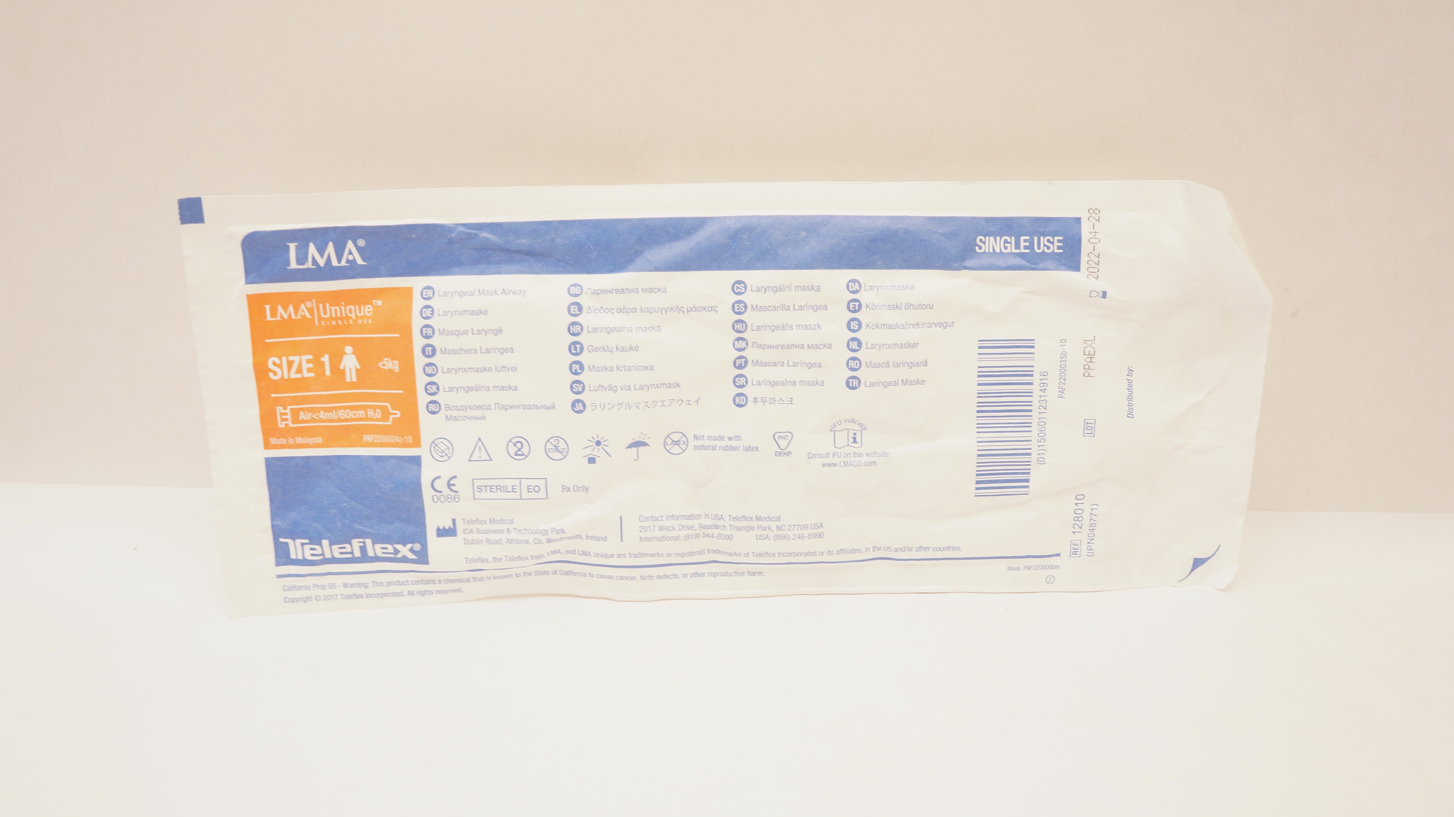 Teleflex 128010 LMA Laryngeal Mask Airway, Size 1 <5kg, Air<4ml/60cm H2O (x)