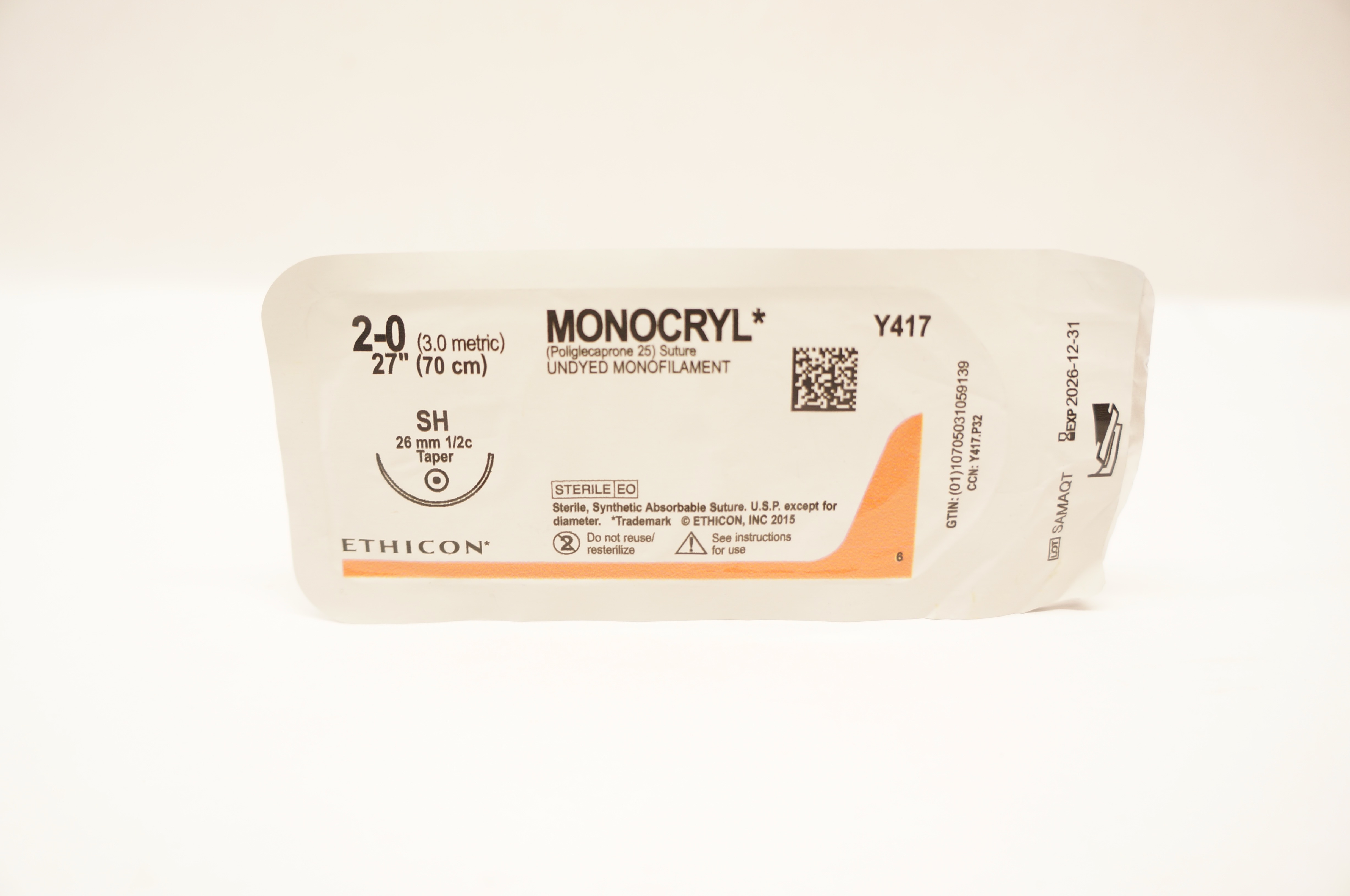 Ethicon Y417 2-0 Monocryl Poliglecaprone 25 Stre SH 26mm 1/2c Taper 27 inch