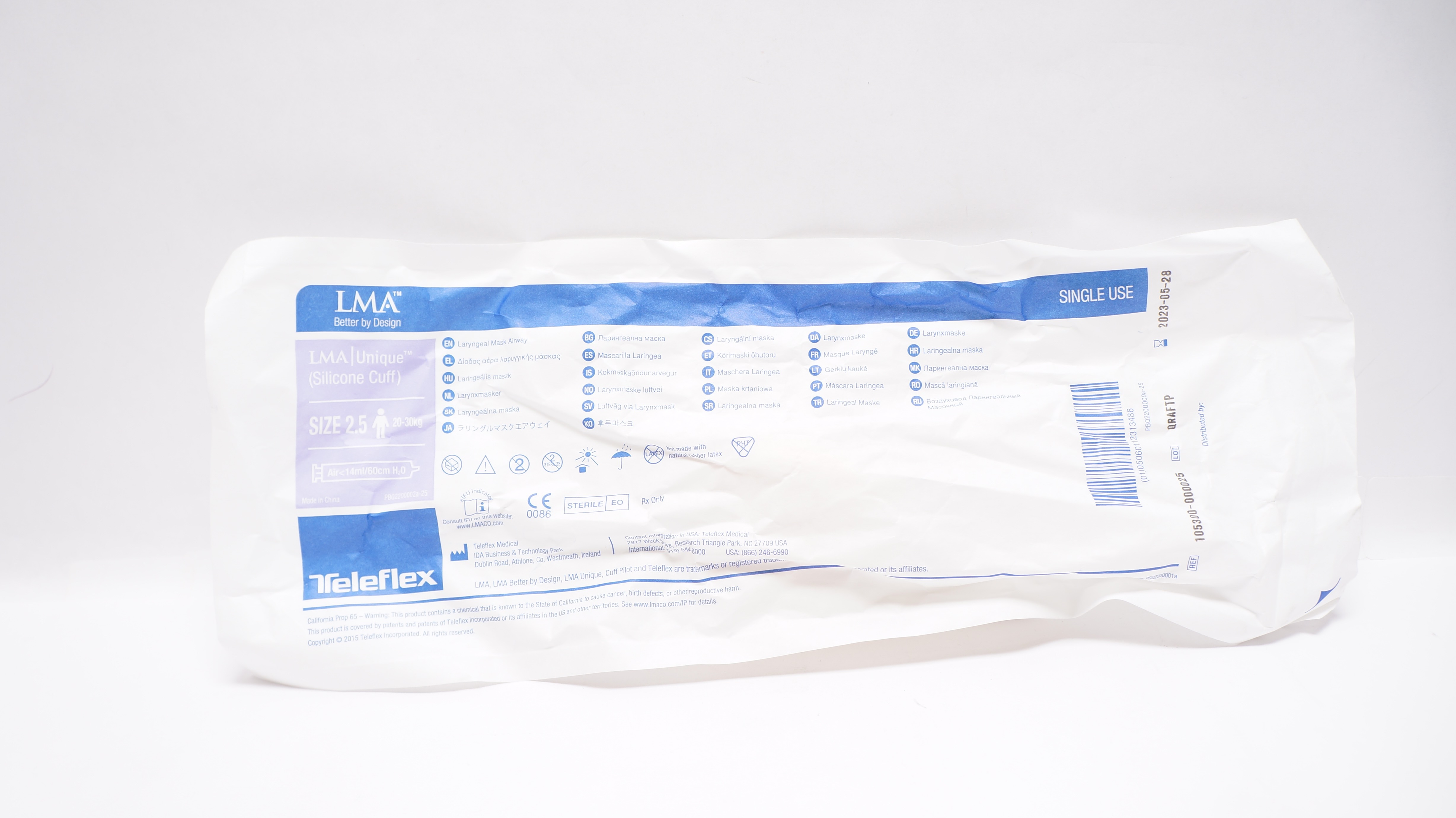 Teleflex 105300-000025 Unique Laryngeal Mask Airway Size 2.5, 20-30kg <14ml/60cm (x)