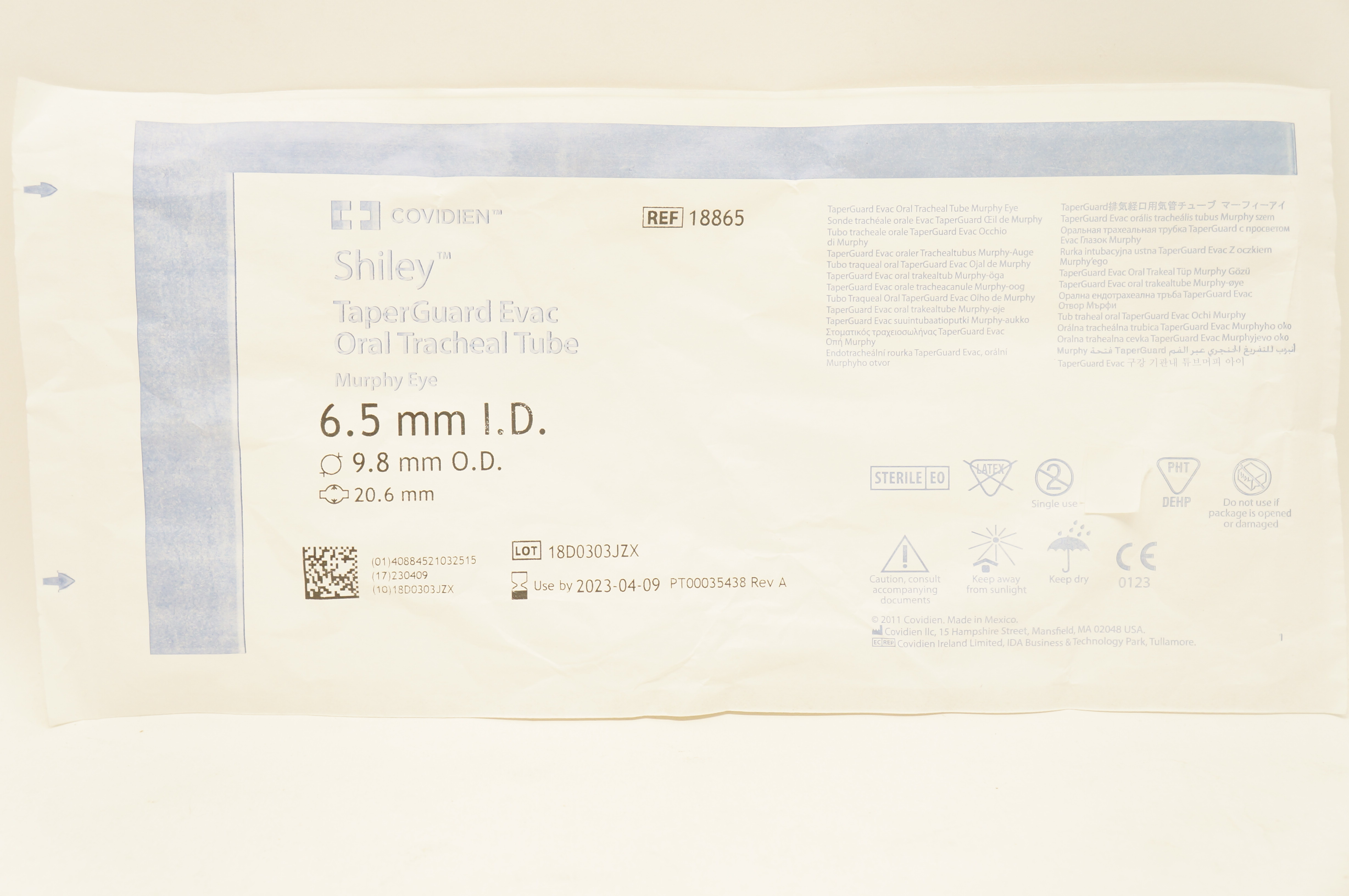Covidien 18865 Shiley TaperGuard Evac Oral Tracheal Tube 6.5 x 9.8mm x 20.6mm