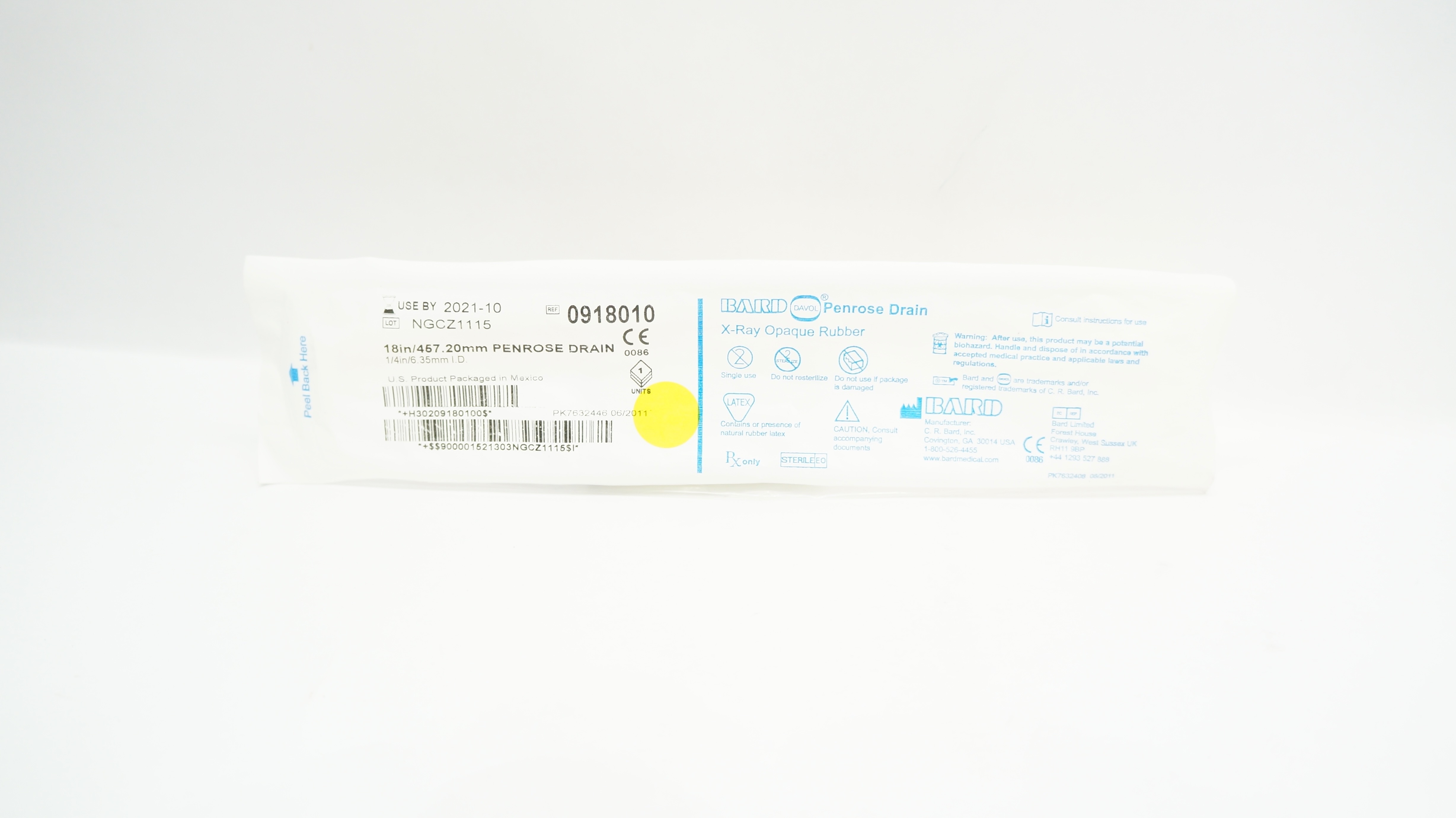 Bard 0918010 Davol Penrose Drain X-Ray Opaque Rubber 18inch x 1/4 inch I.D. (x)