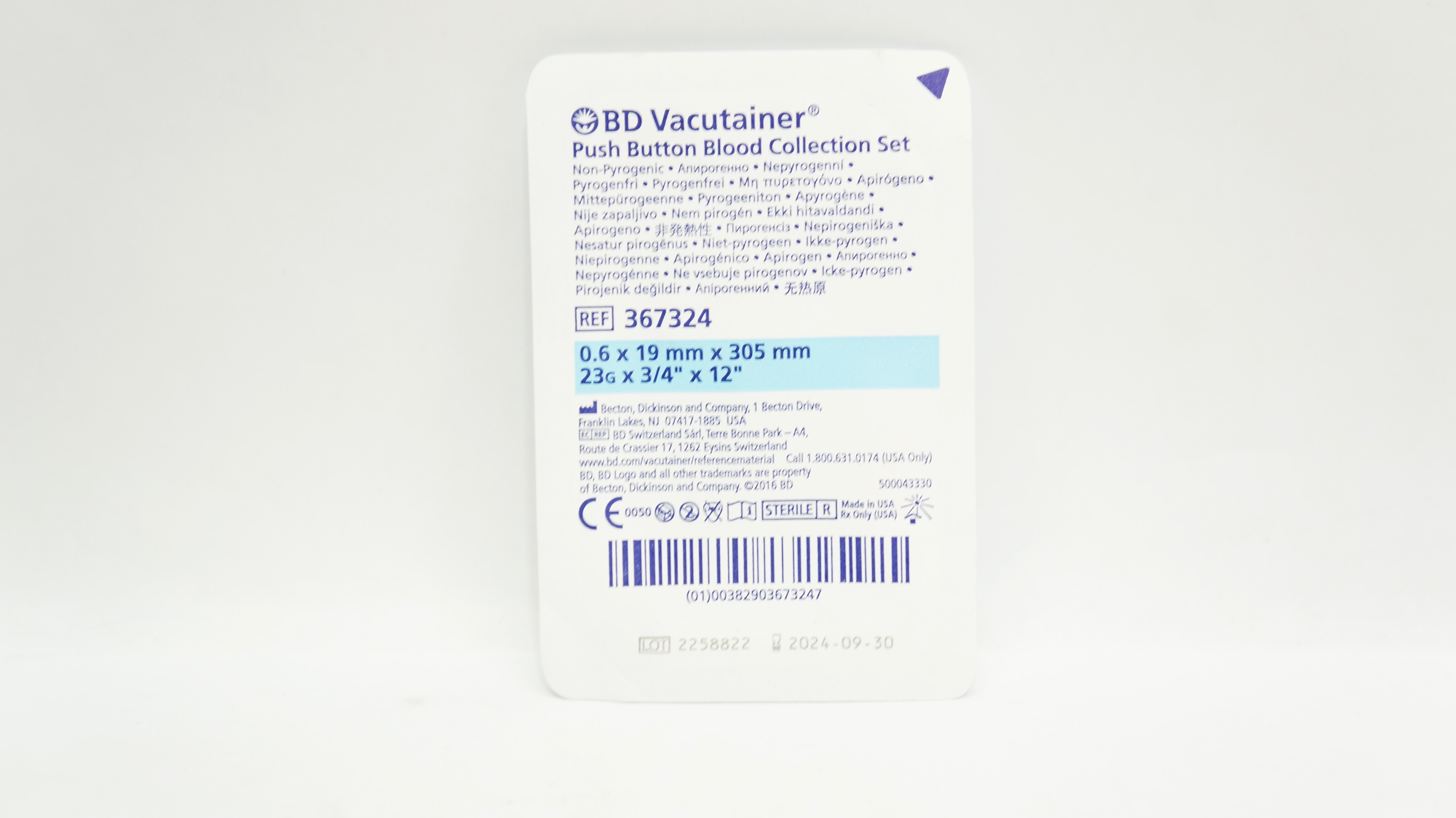 BD 367324 Vacutainer Puch Button Blood Collection Set 23G x 3/4inch x 12inch