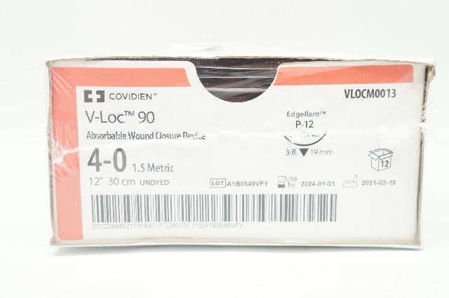 Covidien VLOCM0013 4-0 V-Loc 90 Edgellant P-12, 3/8 19mm, 12inch - Box of 12