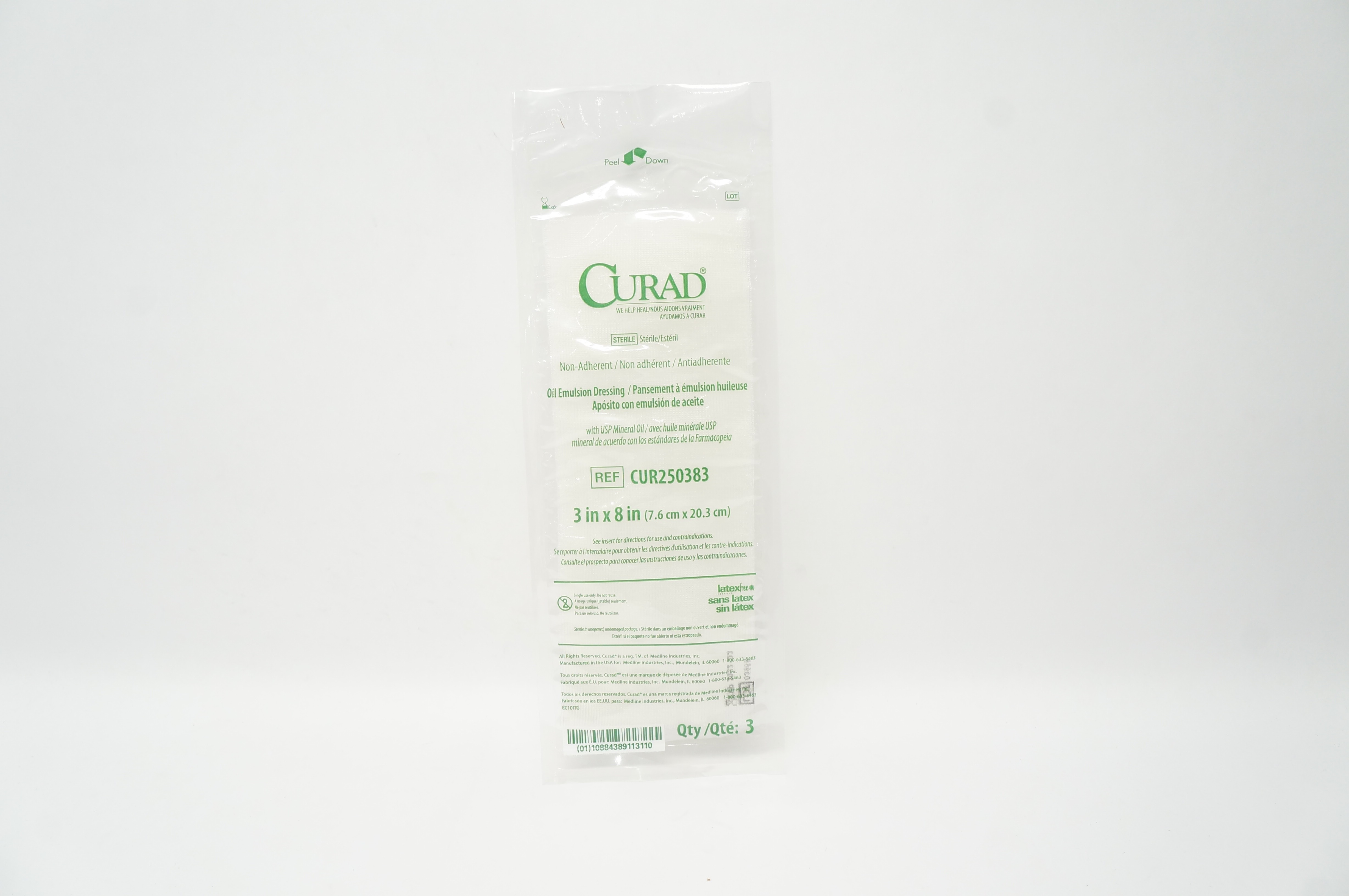 Medline CUR250383 Curad Non-Adherent Oil Emulsion Dressing 3x8in (x) - Pack of 3