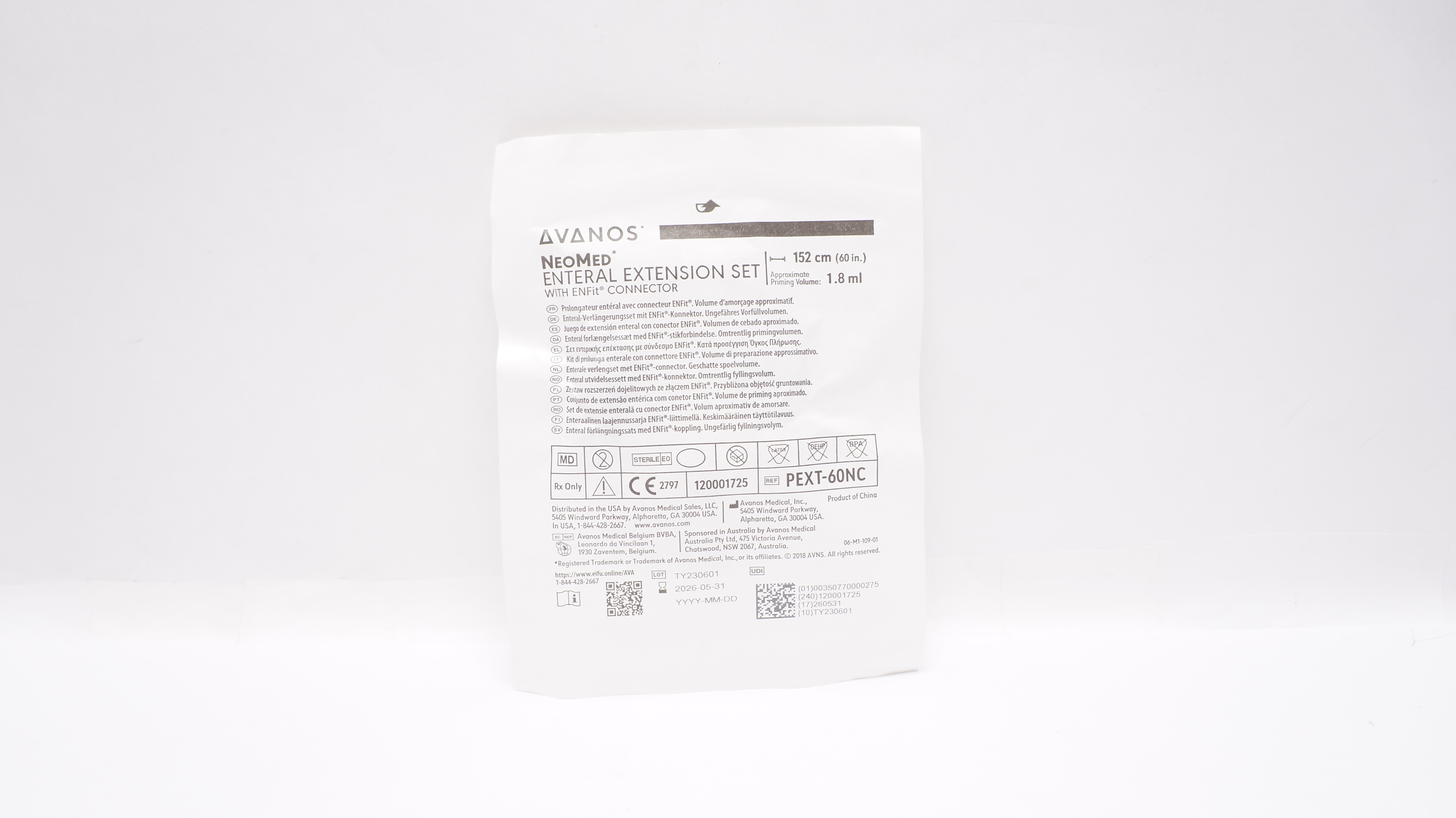 Avanos PEXT-60NC NeoMed Enteral Extension Set w/ENFIT Connector 60inch x 1.8ml