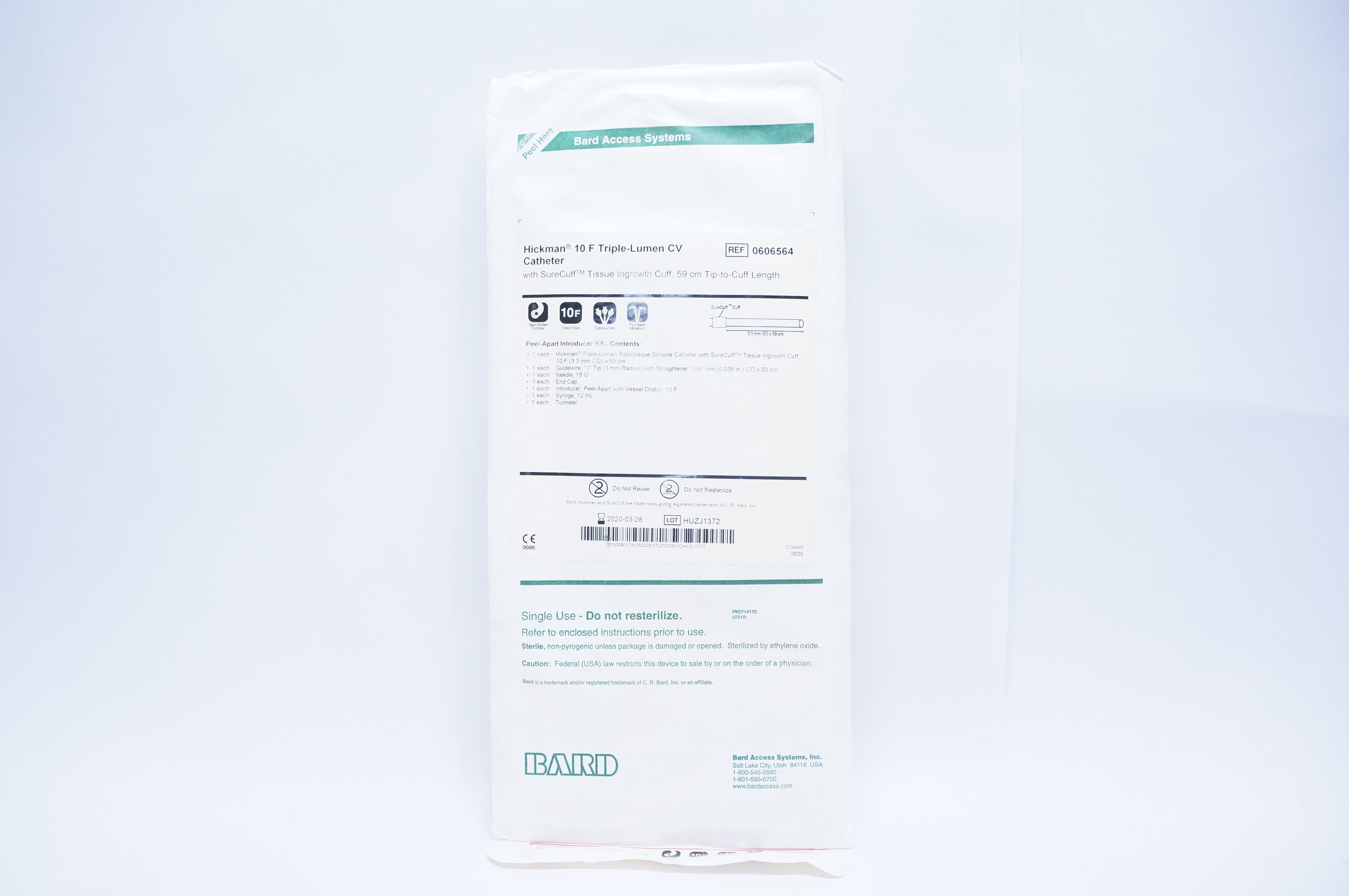 Bard 0606564 Hickman 10F Triple-Lumen CV Cath., Peel-Apart with SureCuff (x)