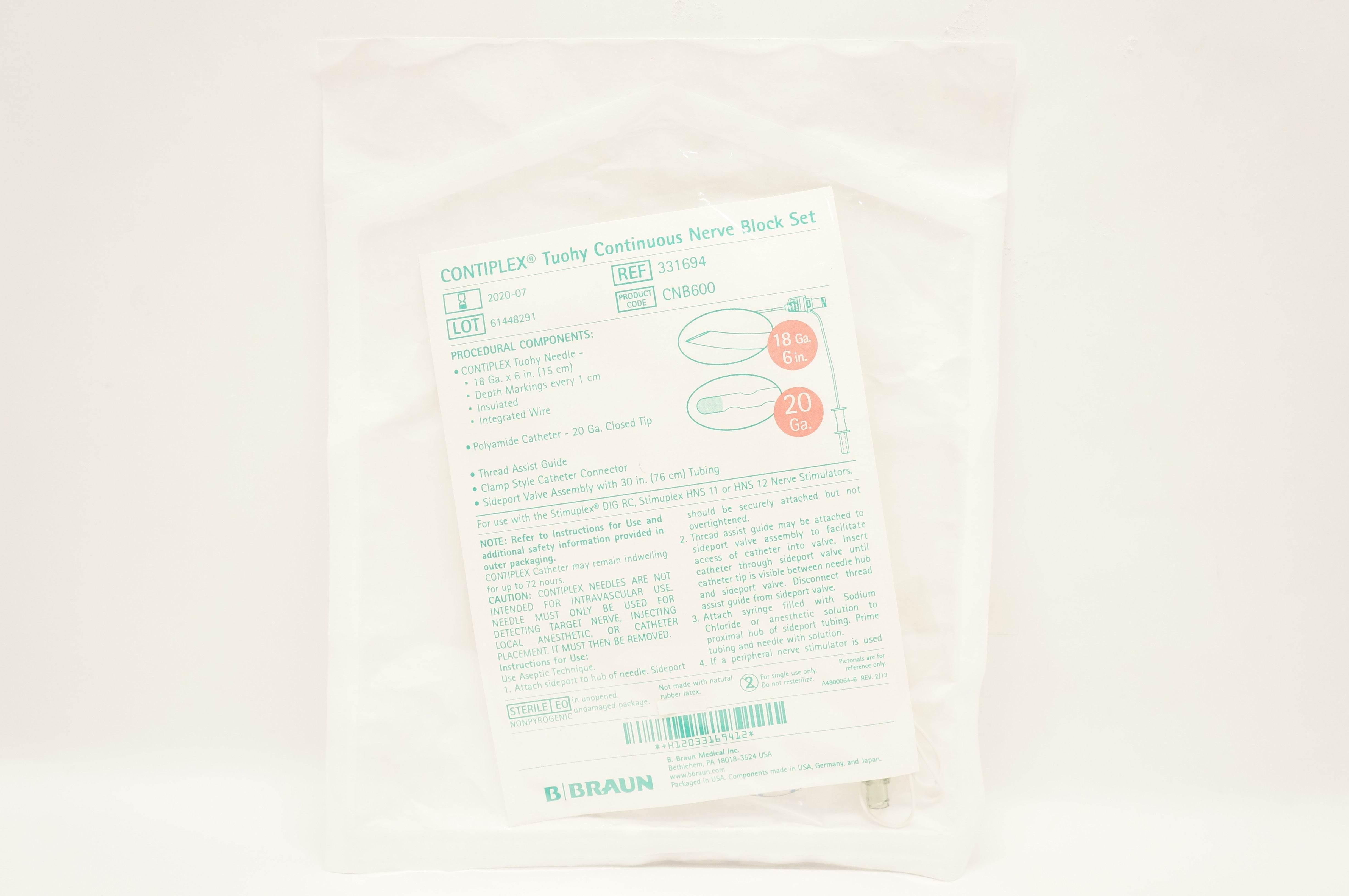 Braun 331694 Contiplex Tuohy Continuous Nerve Block Set 18Ga x 6inch (x)