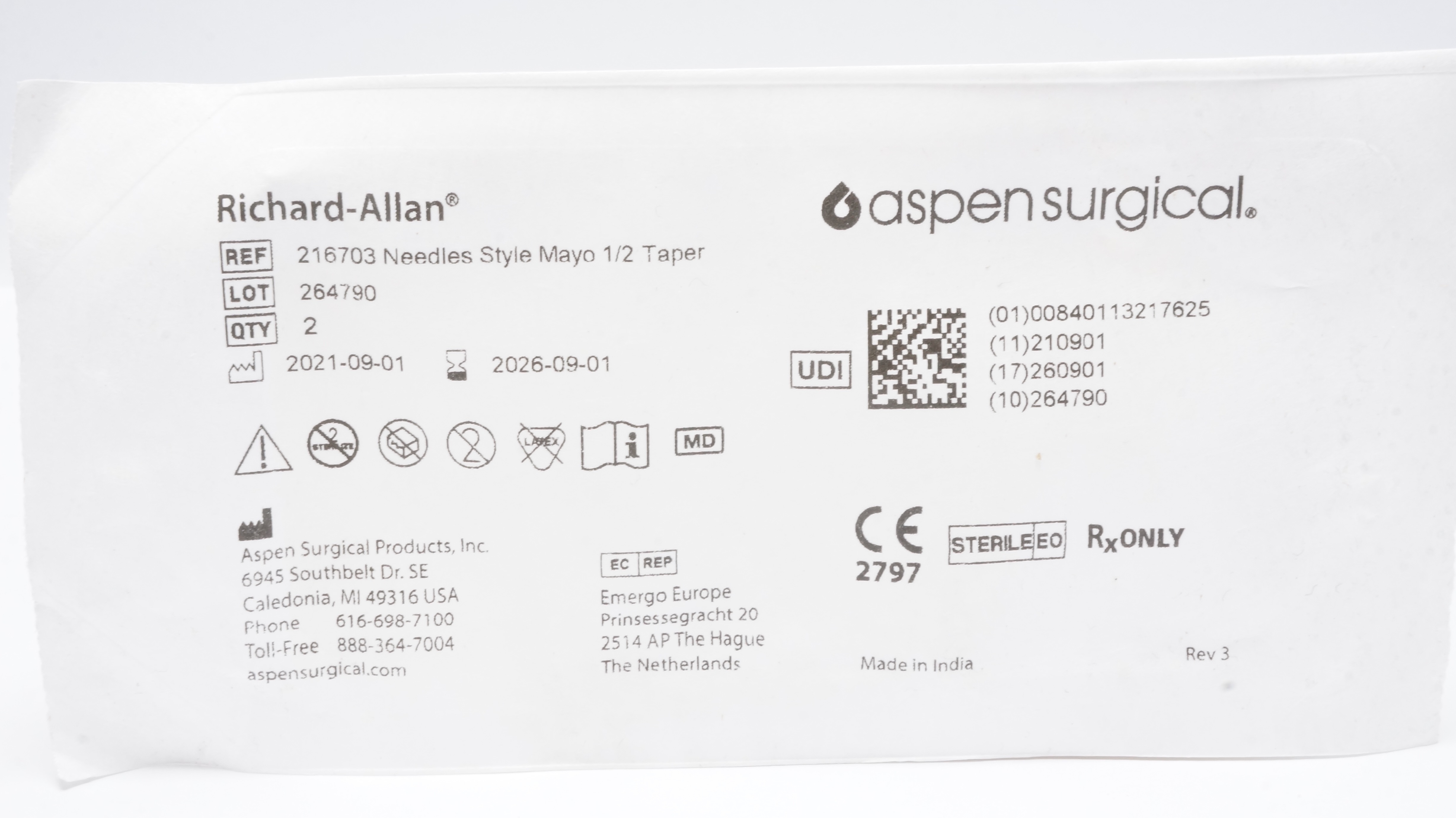 Aspen Surgical 216703 Richard-Allan Ndles Style Mayo 1/2 Taper - Pack of 2