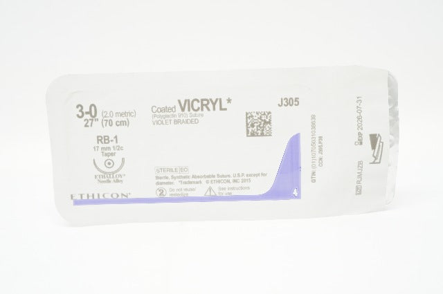 Ethicon J305 3-0 Coated VICRYL Violet Braided Stre RB-1 17mm 1/2c Taper, 27inch