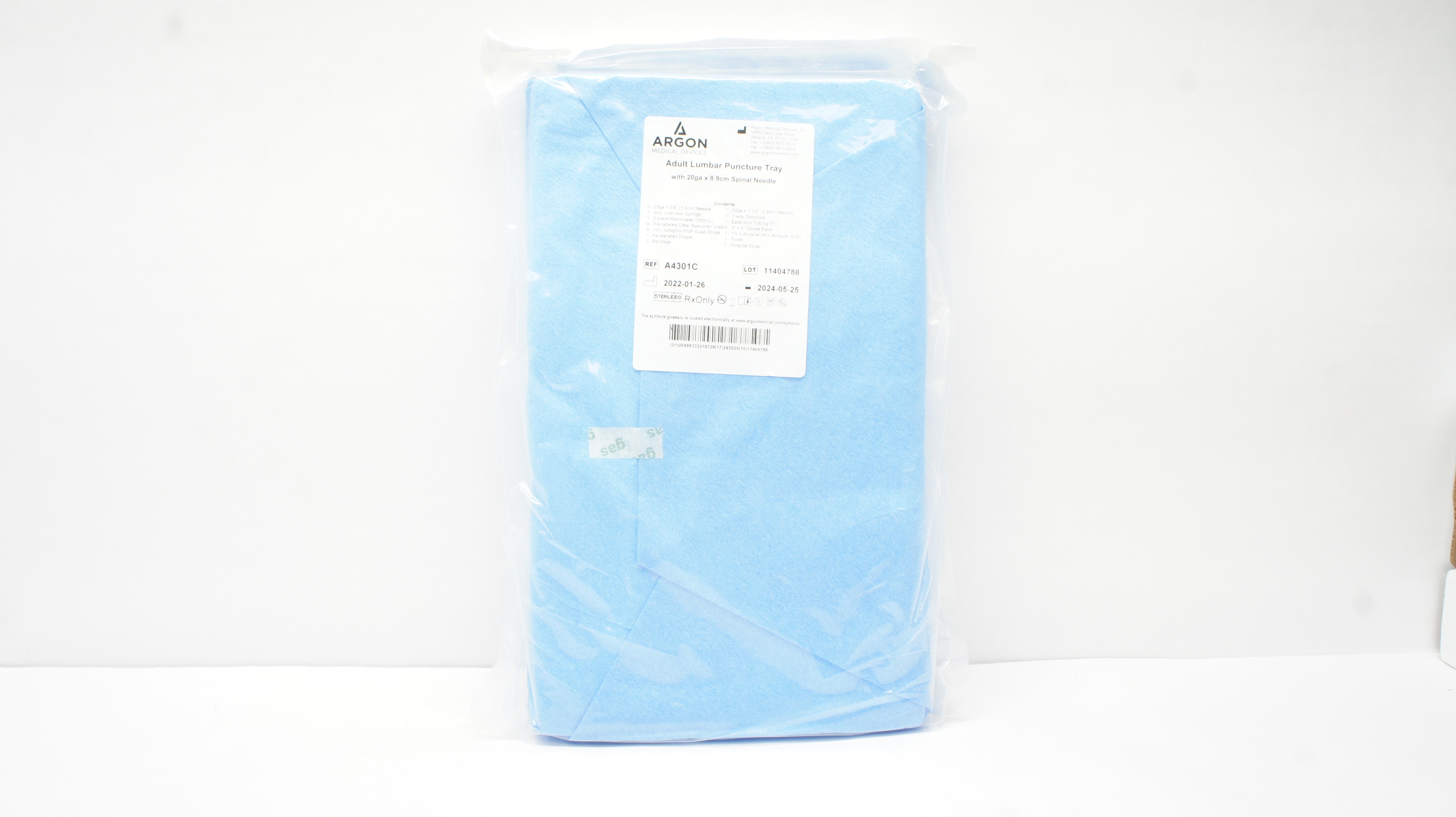 Argon A4301C Adult Lumbar Puncture Tray w/Spinal Ndle 20ga x 8.9cm