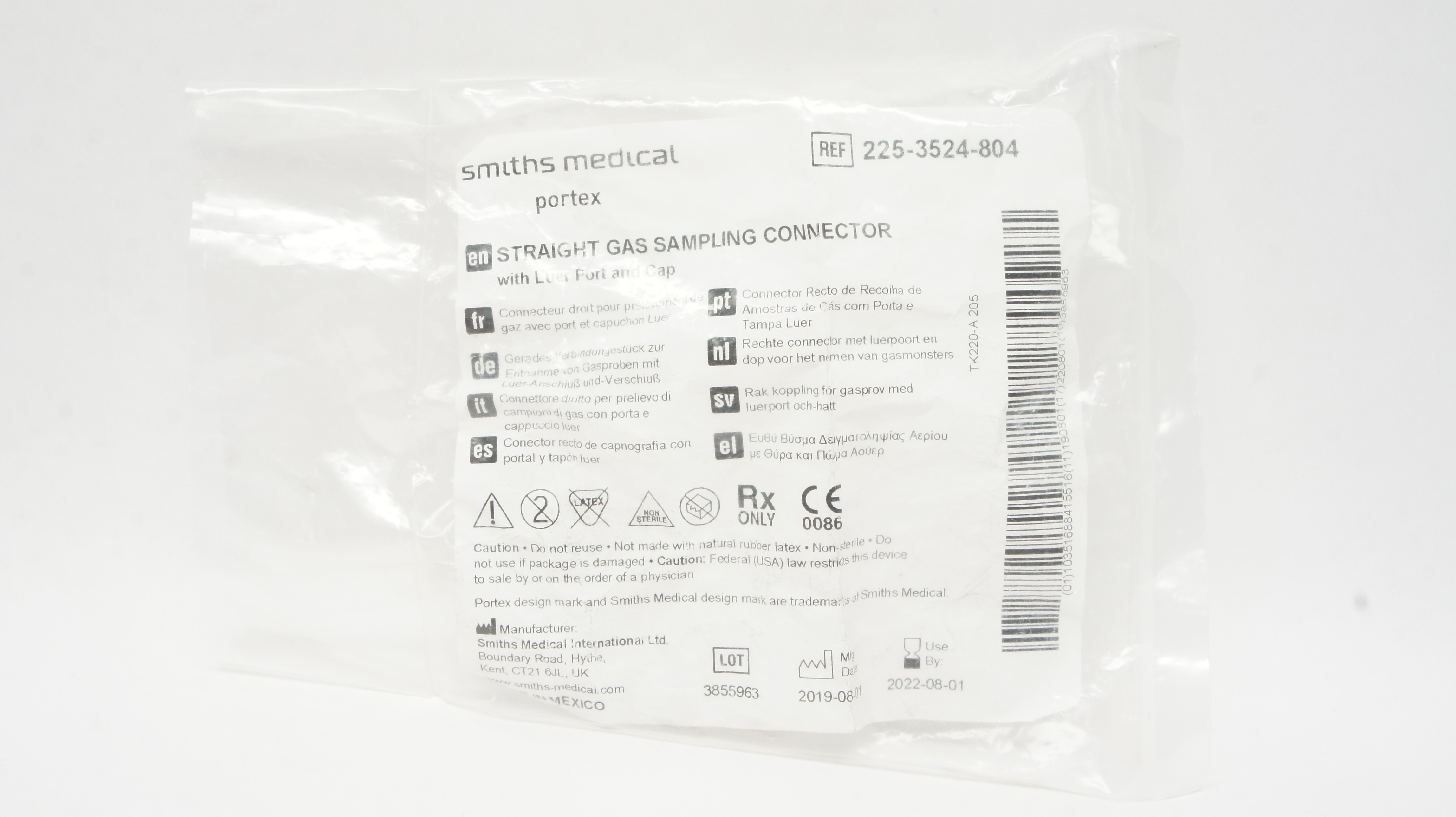 Smiths Medical 225-3524-804 Straight Gas Sampling Connector w/Luer Port & Cap