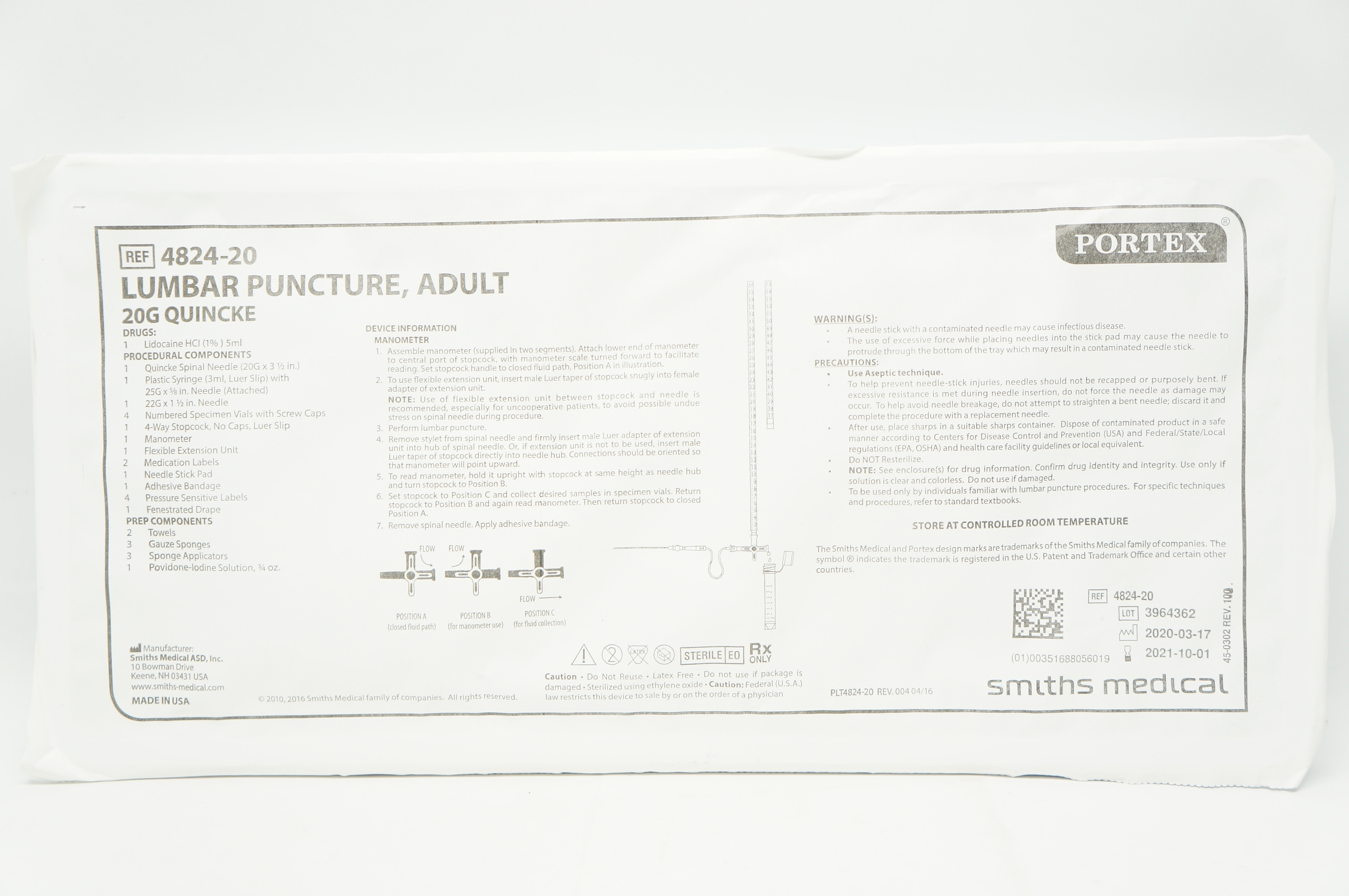 Smiths Medical 4824-20 Portex Lumbar Puncture, Adult 20G Quincke (x)
