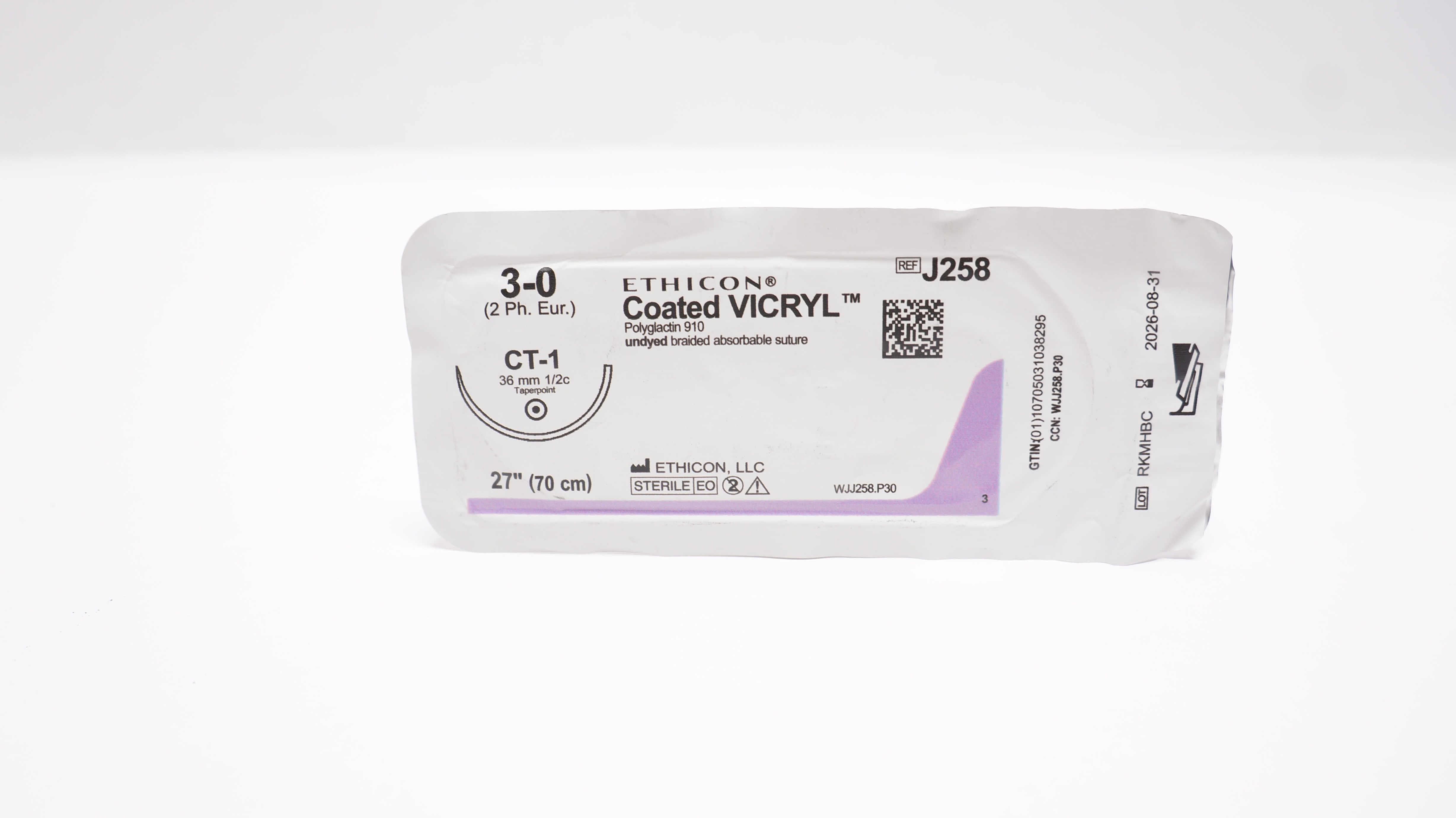 Ethicon J258 3-0 VICRYL Undyed Braided Stre CT-1 36mm 1/2c Taperpoint, 27In