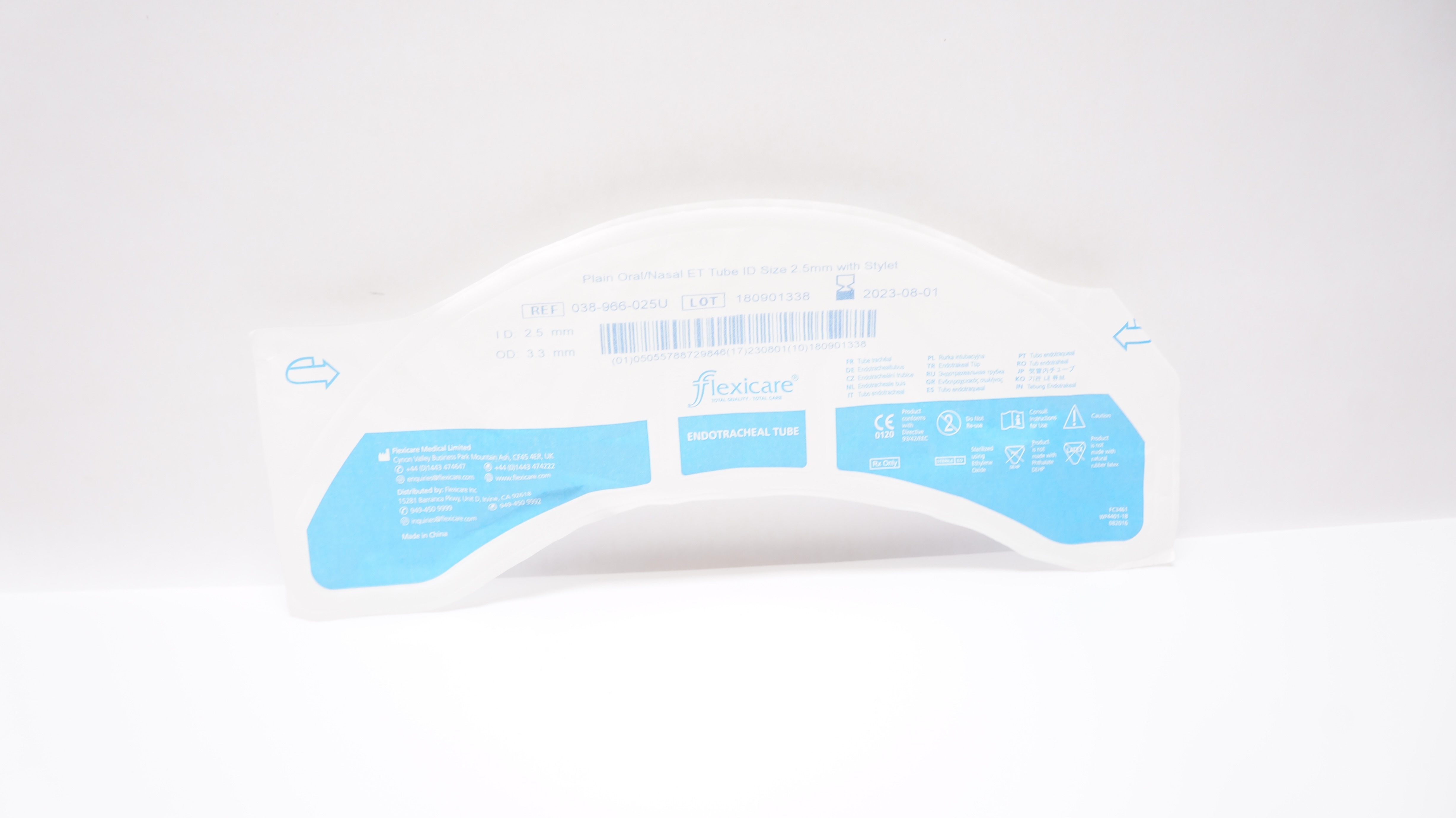 Flexicare 038-966-025U Plain Oral/Nasal ET Tube ID Size 2.5 x 3.3mm W/Stylet (x)