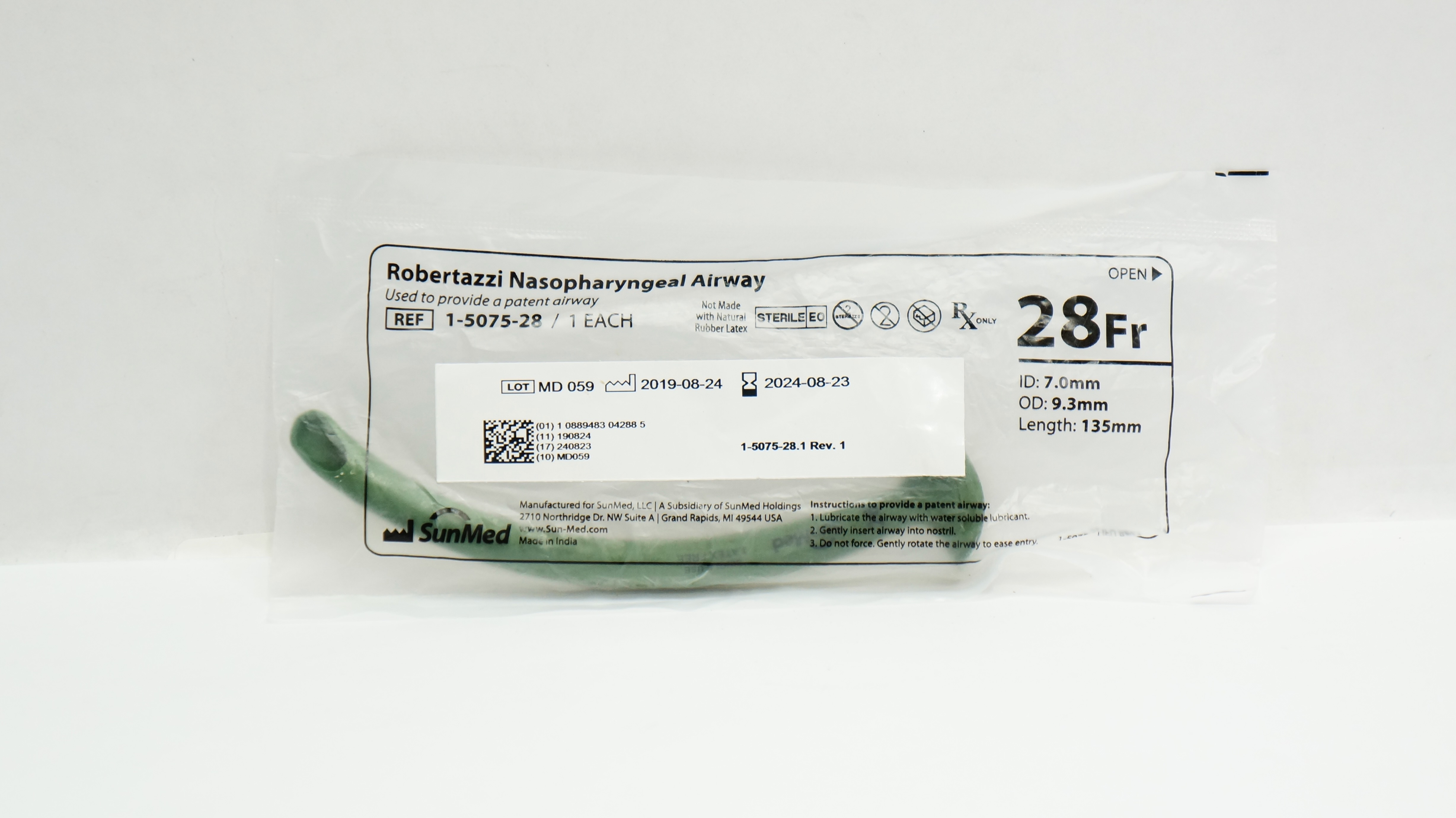 SunMed 1-5075-28 Robertazzi Nasopharyngeal Airway 28Fr x 7.0ID x 9.3OD x 135mm