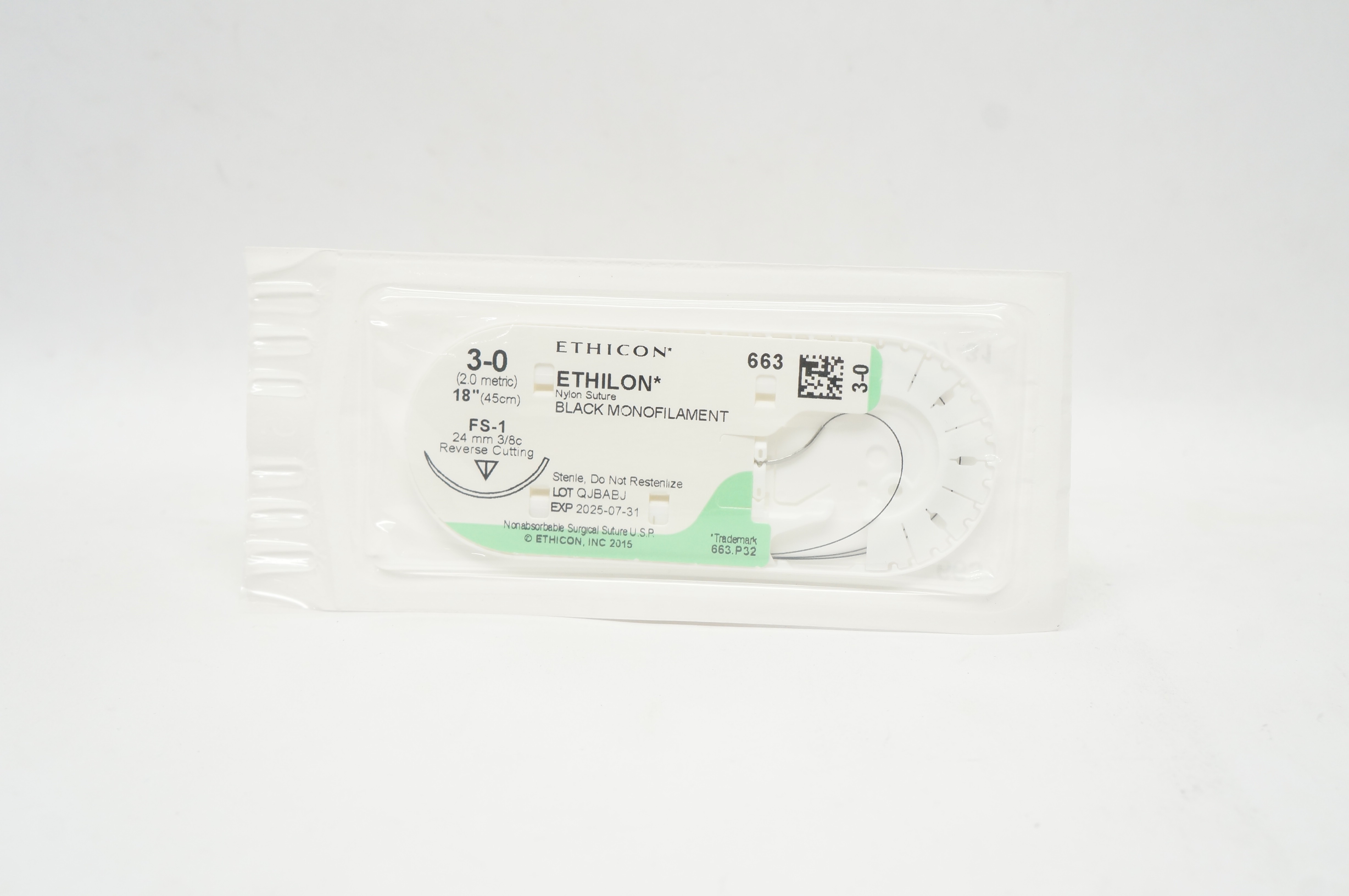 Ethicon 663 3-0 Ethilon Nylon Stre FS-1 24mm 3/8c Reverse Cutting, 18 inch