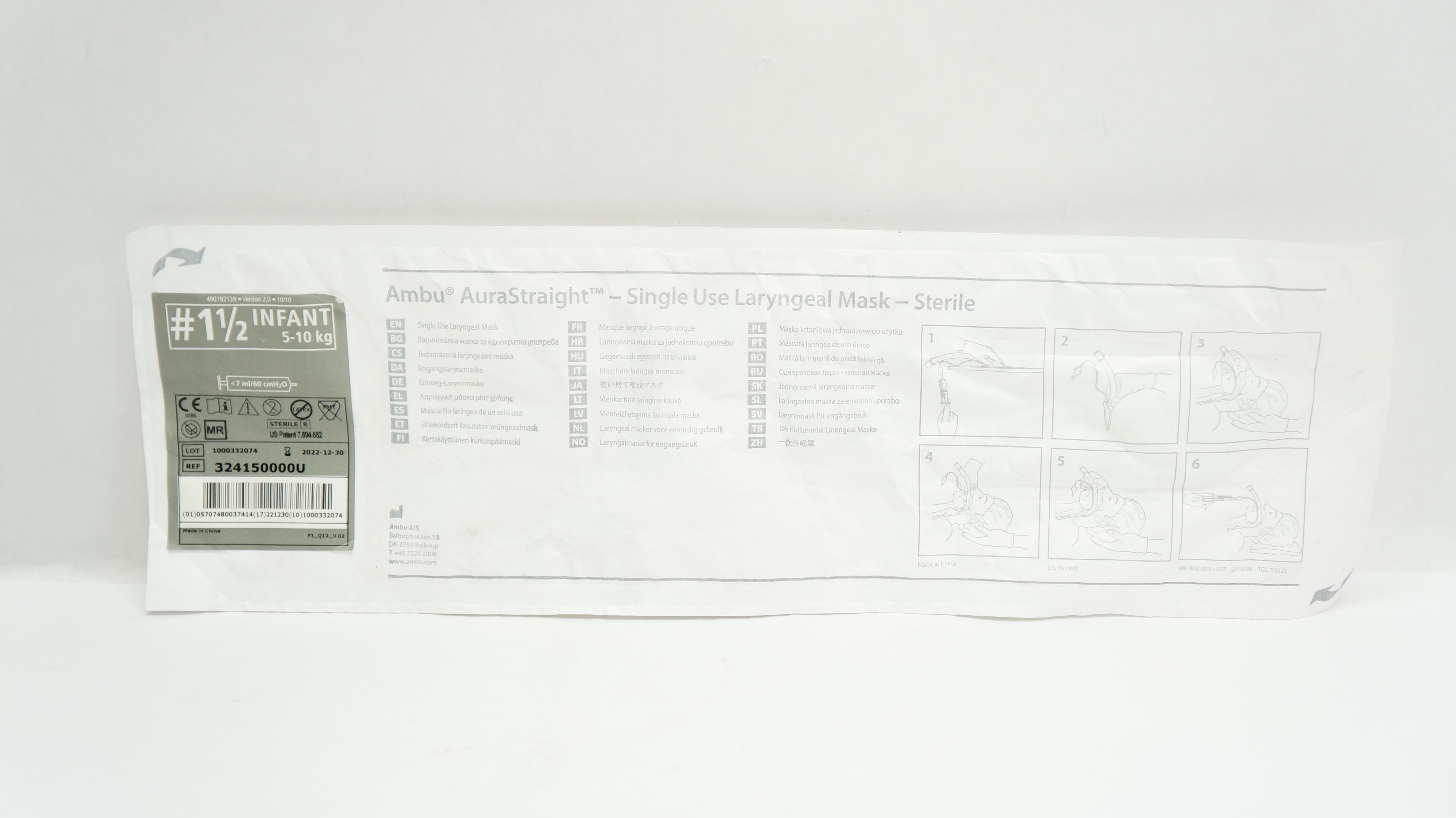 Ambu 324150000U AuraStraight Laryngeal Mask Infant Size 1-1/2 5-10kg (x)