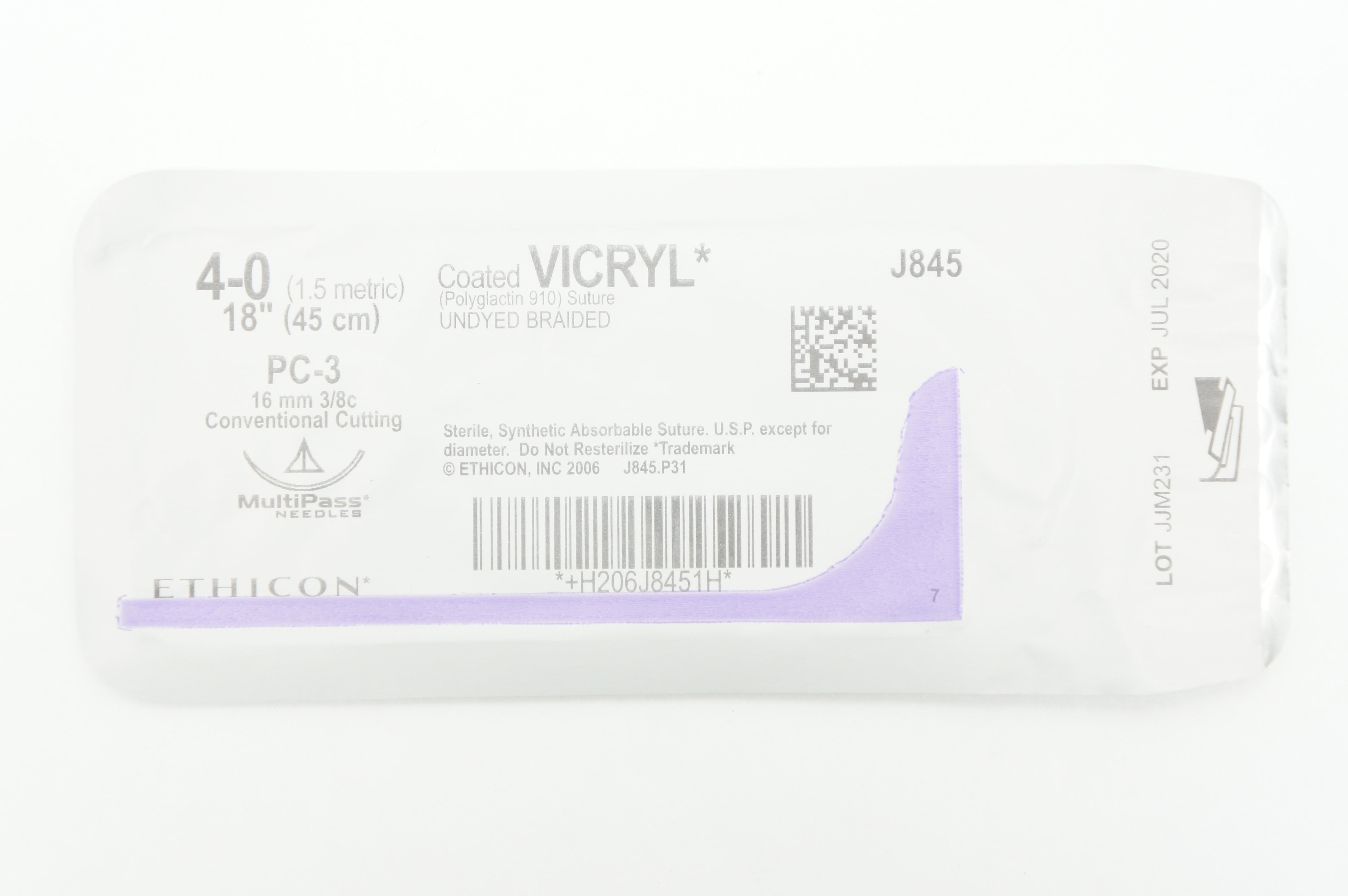 Ethicon J845 4-0 Coated VICRYL PC-3 16mm 3/8c Conventional Cutting 18 in. (x)